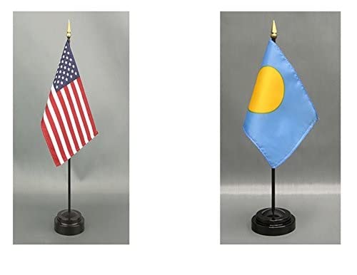 American Made Palau Desk Flag Set - 4x6 inch Rayon Office Desk & Hand Waving Table Flags - Includes US & Palau Flags with 2 Stands - Perfect for Office Decor, International Events & Patriotic Displays