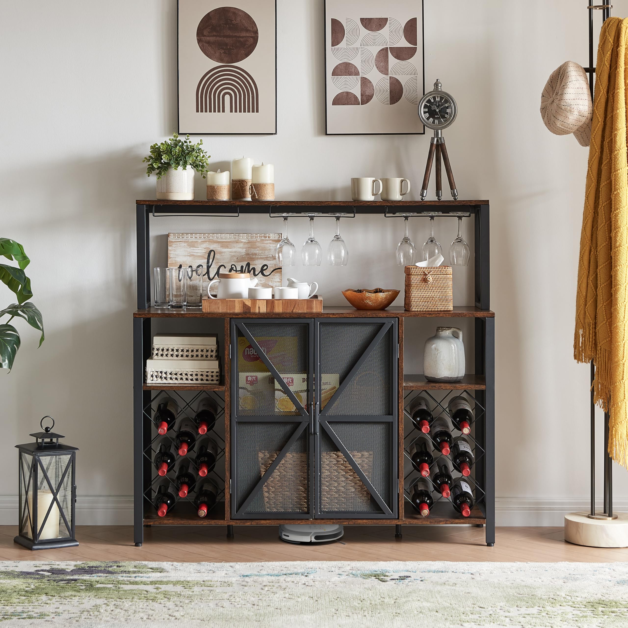 Industrial Coffee Bar Cabinet with Storage - Rustic Brown Sideboard Buffet for Kitchen, Dining Room & Bar | Wine Rack, Glass Holder & Liquor Storage | Perfect for Home Entertaining, Coffee Station & Wine Display (47.2