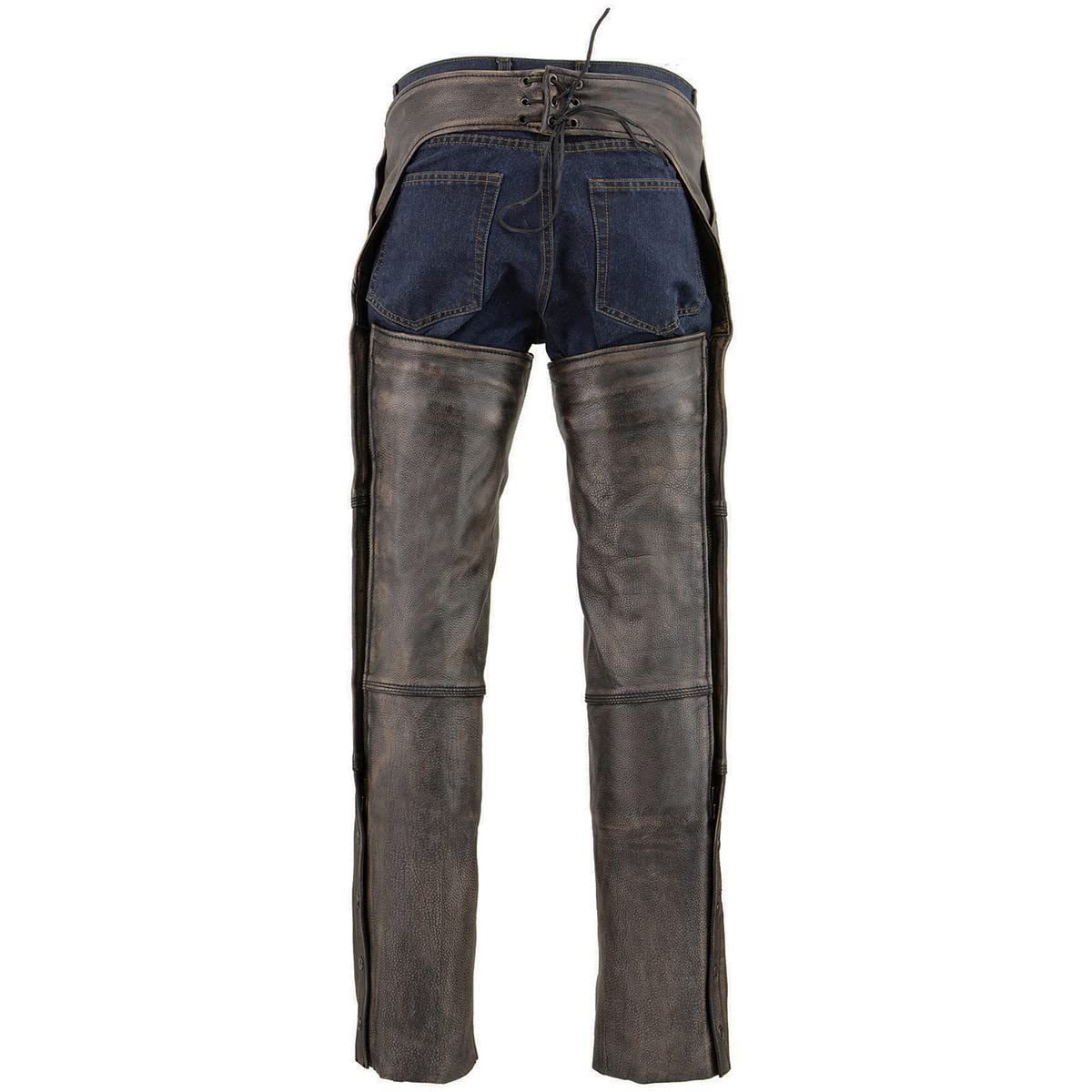 Milwaukee MLM5500 Men's Distressed Brown Leather Motorcycle Chaps - Thermal Lined, 4 Snap Pockets, Cold Weather Riding Gear for Harley, Cruiser & Adventure Bikes
