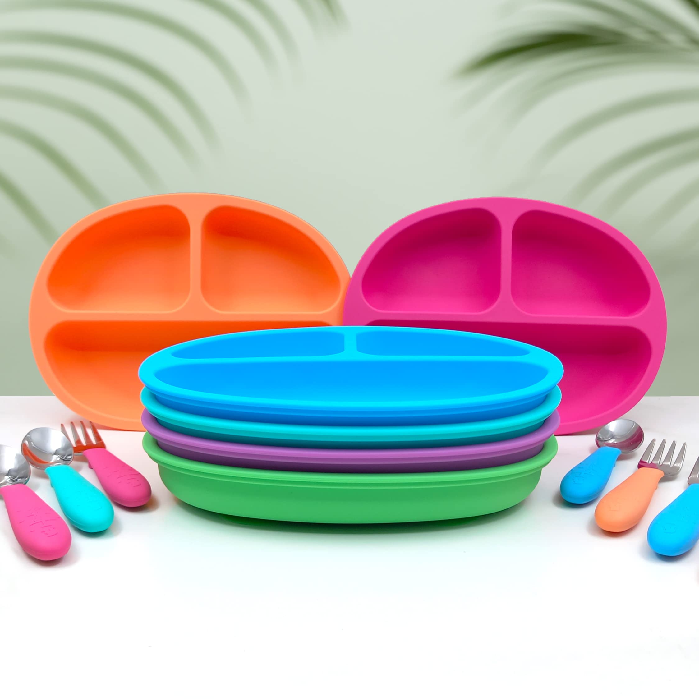 Elk and Friends Silicone Suction Plate for Babies & Toddlers with Stainless Steel Cutlery Set | Divided Baby Plate with Strong Suction Base | Includes 3 Forks & Spoons | BPA-Free, Dishwasher Safe | Perfect for Highchair, Travel & Mess-Free Feeding