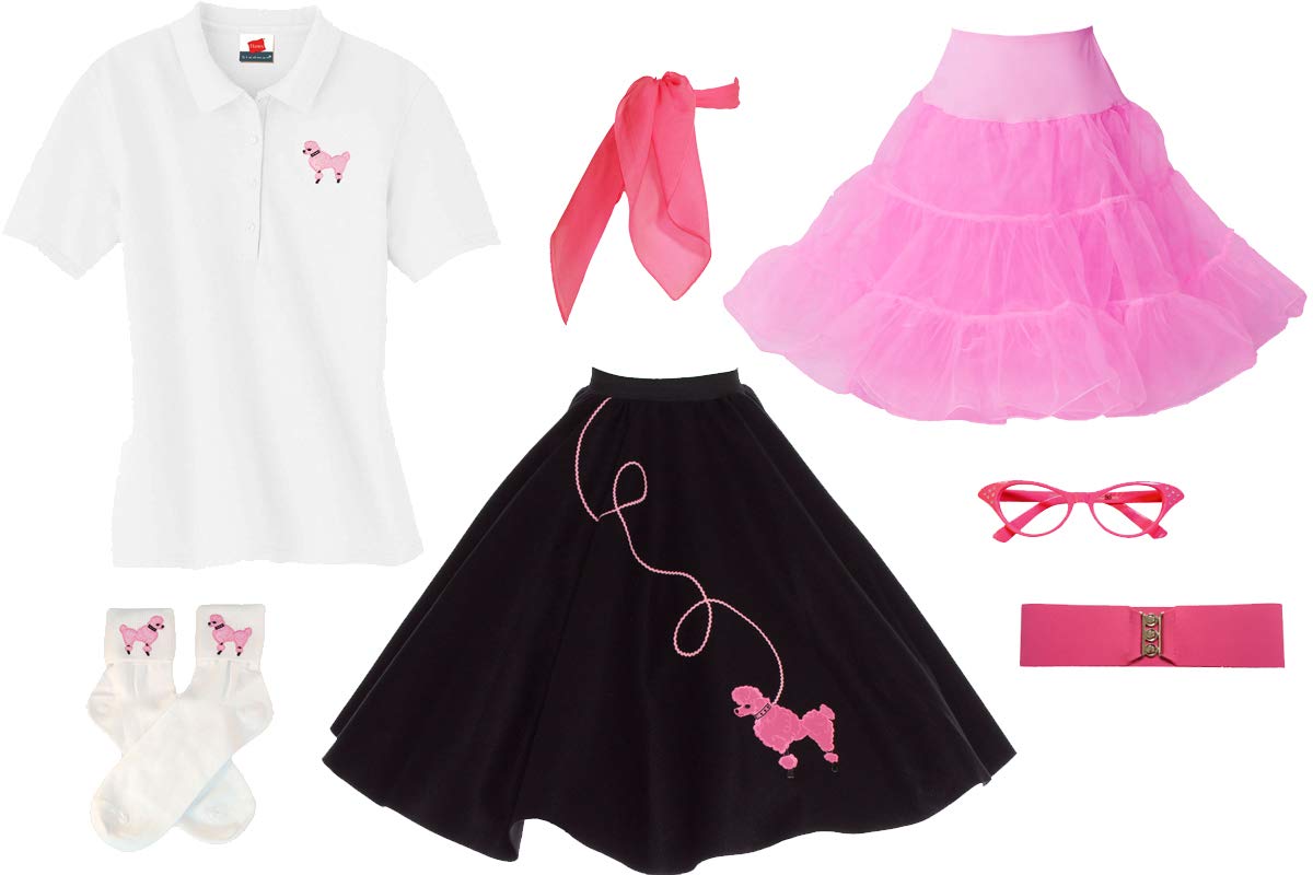 Vintage 1950s Poodle Skirt Costume Set for Women - 7 Piece Outfit with Petticoat, Polo Shirt & Retro Accessories | 50s Sock Hop, Halloween Party, Themed Dance Costume