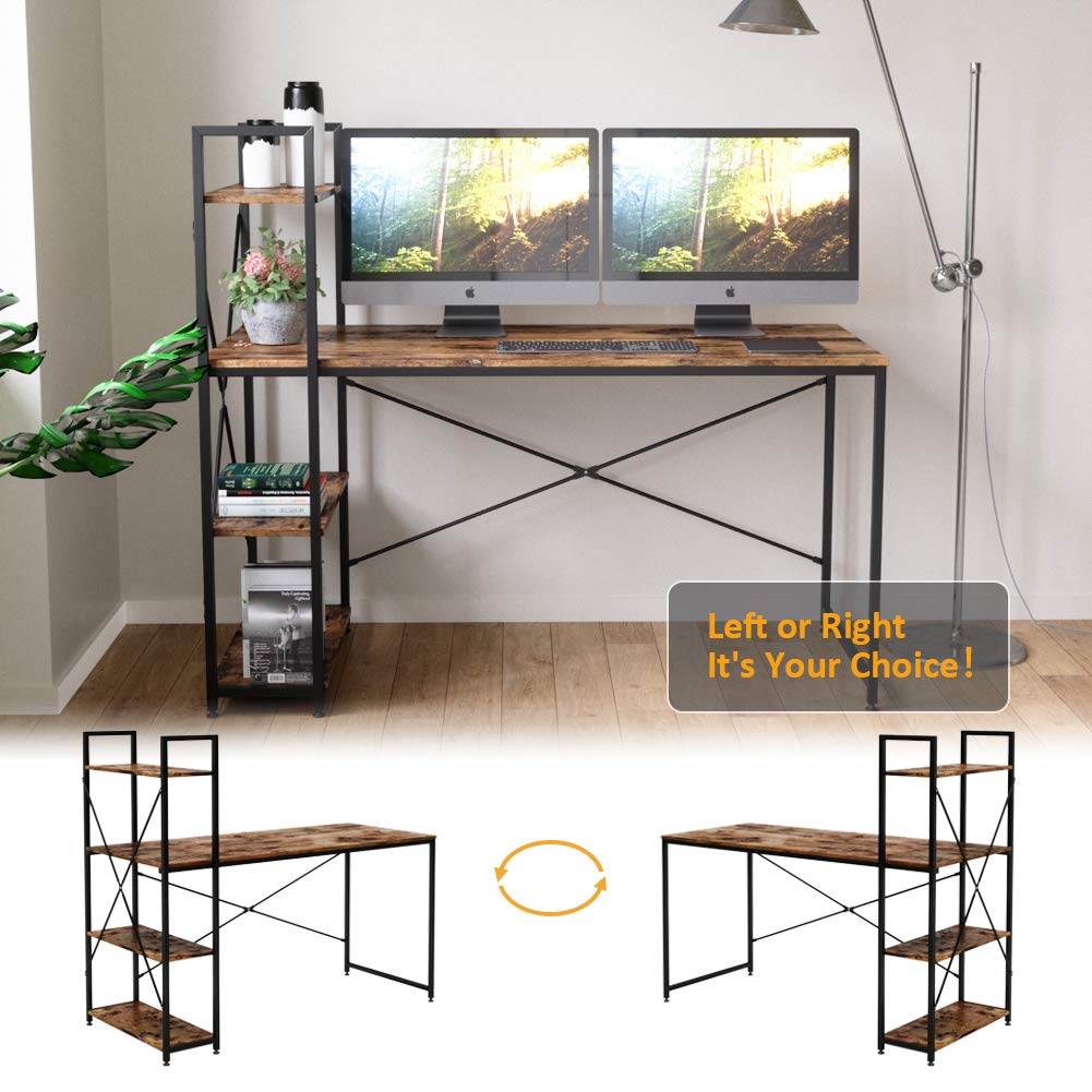 Bestier 55 Inch Computer Desk with Storage Shelves - Reversible Bookshelf Home Office Desk, Spacious Leg Room & Easy Assembly, Rustic Brown - Perfect for Small Spaces & Remote Work Setup