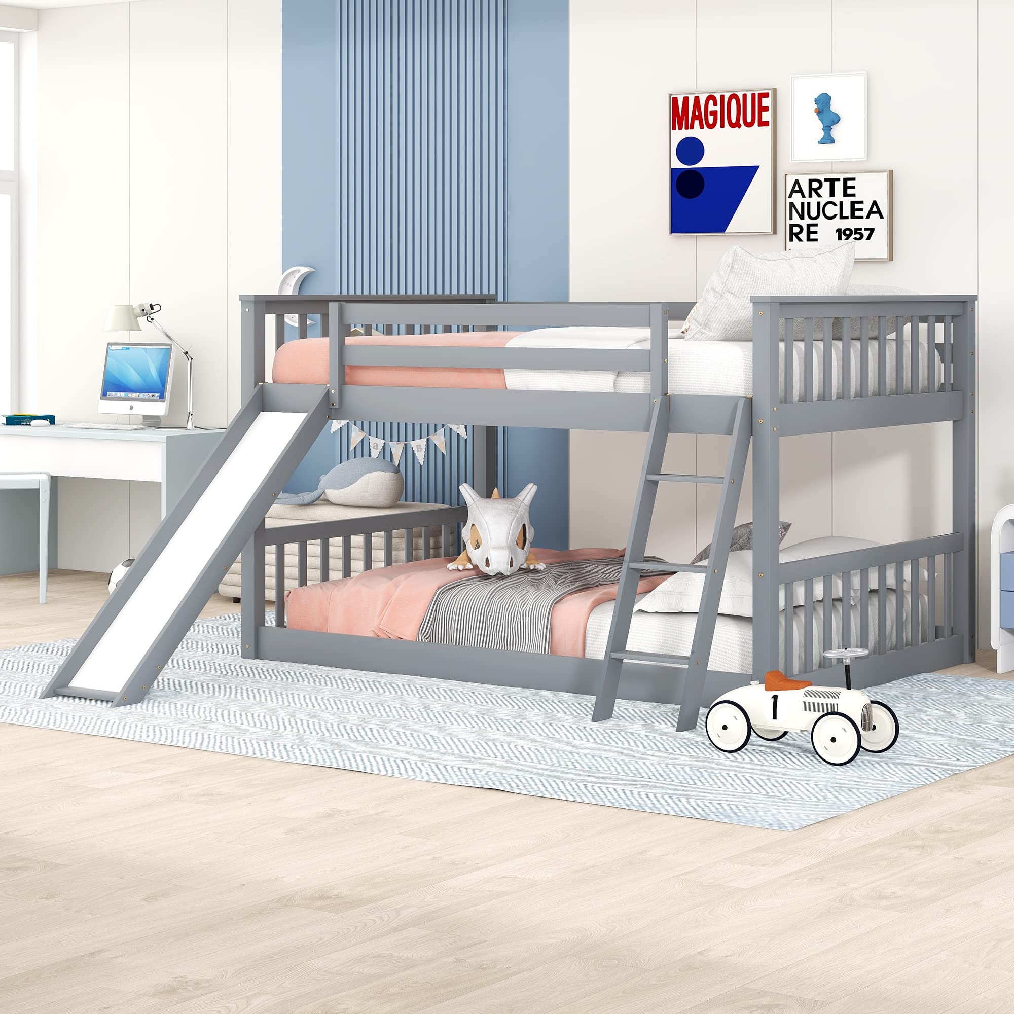 Full Over Full Low Bunk Beds with Slide for Kids - Sturdy Wood Bunk Bed Frame for Boys, Girls & Teens - Space-Saving Bedroom & Dorm Furniture - Perfect for Siblings Sharing Rooms or Small Spaces (Gray)
