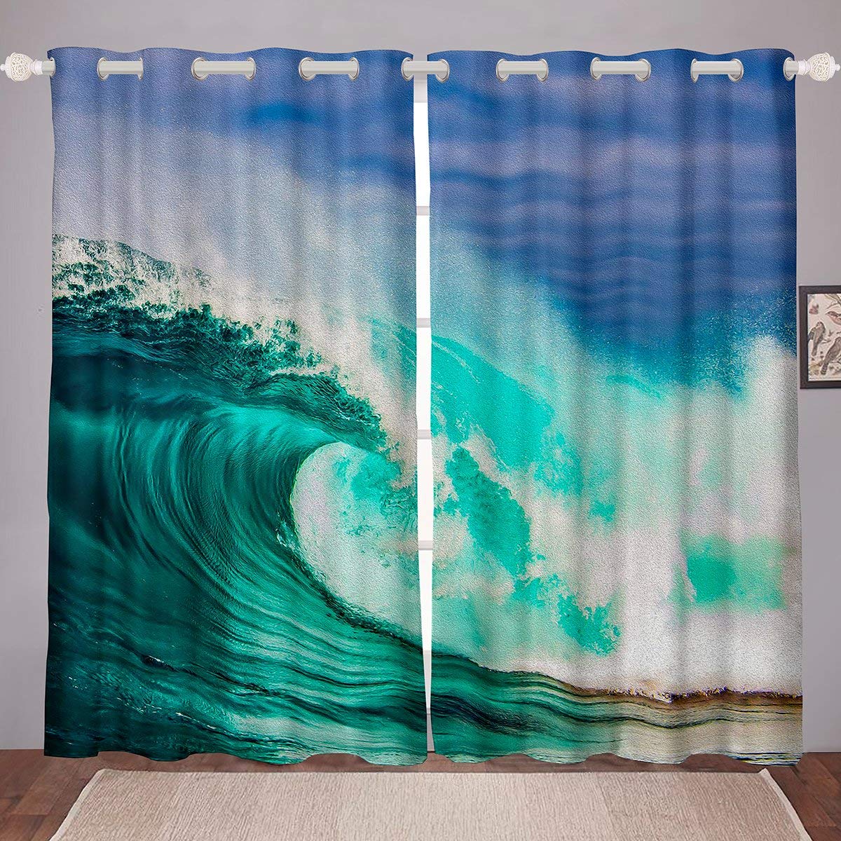 Feelyou Ocean Wave Surfing Curtains - Japanese Style Blue Wave Design Window Drapes for Bedroom & Living Room (52x63 Inches, 2 Panels) - Perfect for Beach Themed Decor, Kids Rooms & Coastal Home Styling