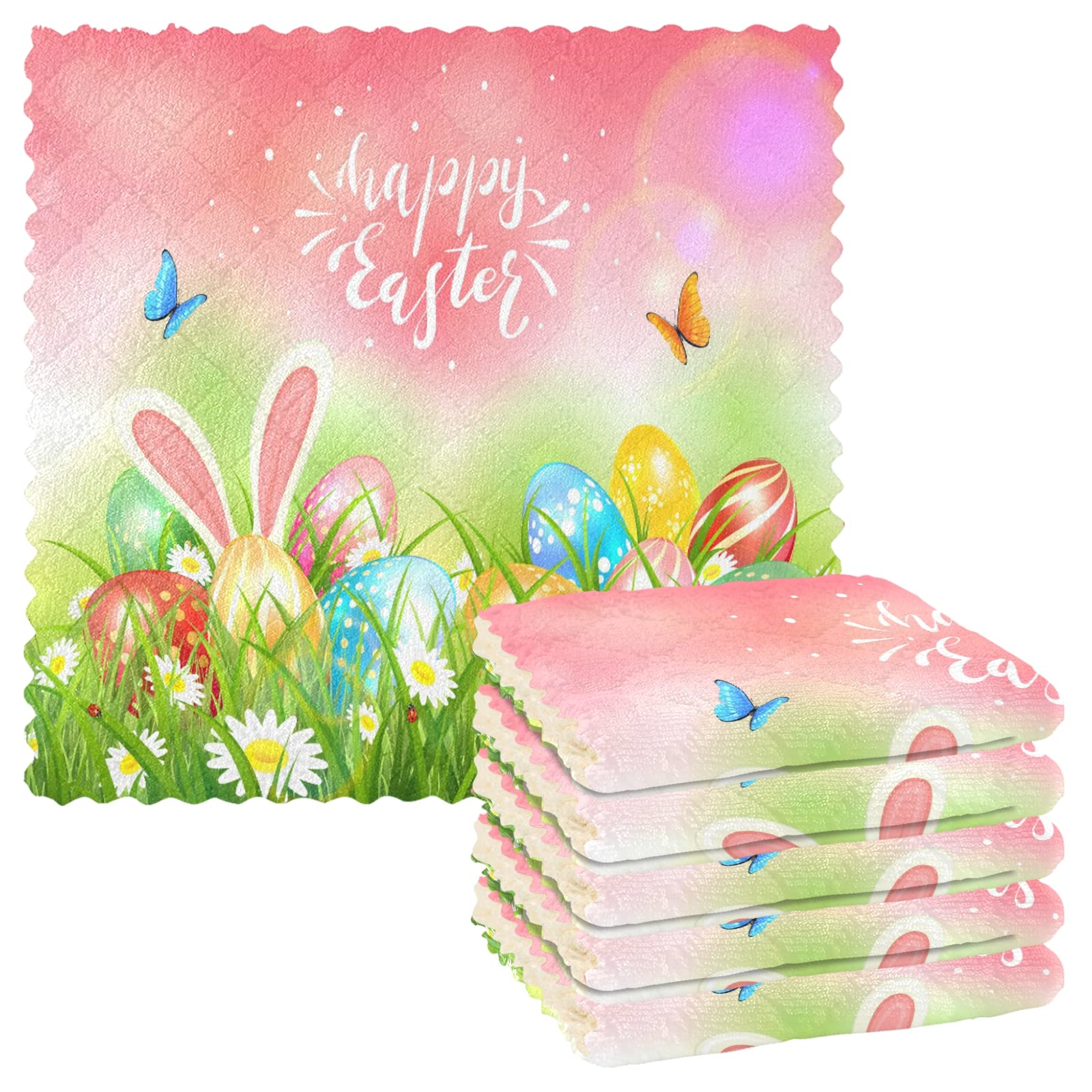 Premium Absorbent Dish Towels Set of 6 - 11x11 Inch Lint-Free Kitchen Cleaning Cloths with Easter Eggs, Butterflies & Spring Flowers Design - Soft Bar Mop Tea Towels for Dishes, Countertops & Kitchen Decor