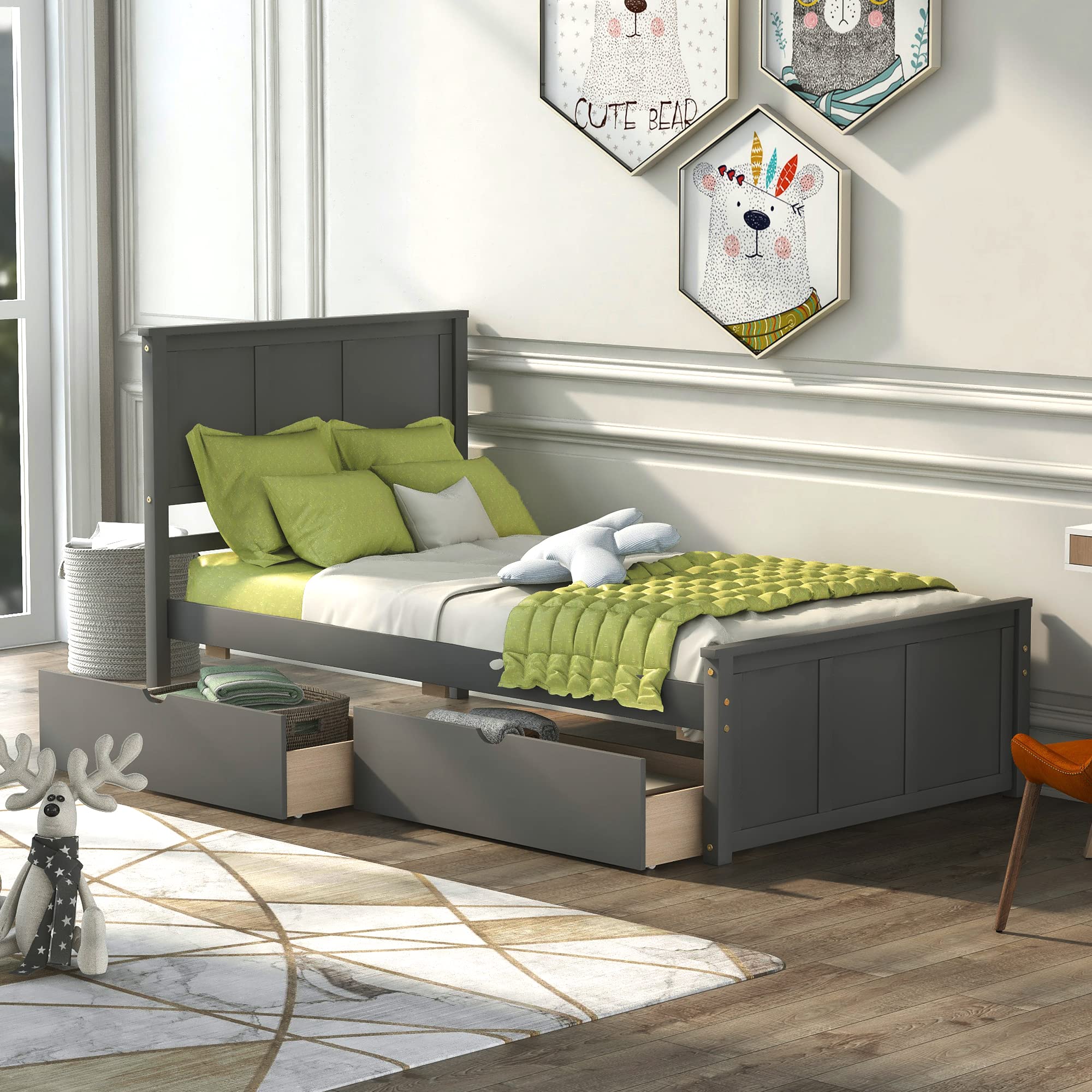 MERITLINE Twin Size Wooden Bed Frame with Headboard & Under Bed Storage Drawers - Grey Platform Bed for Kids, Teens, Boys and Girls | Perfect for Small Bedrooms, Guest Rooms & Dormitories