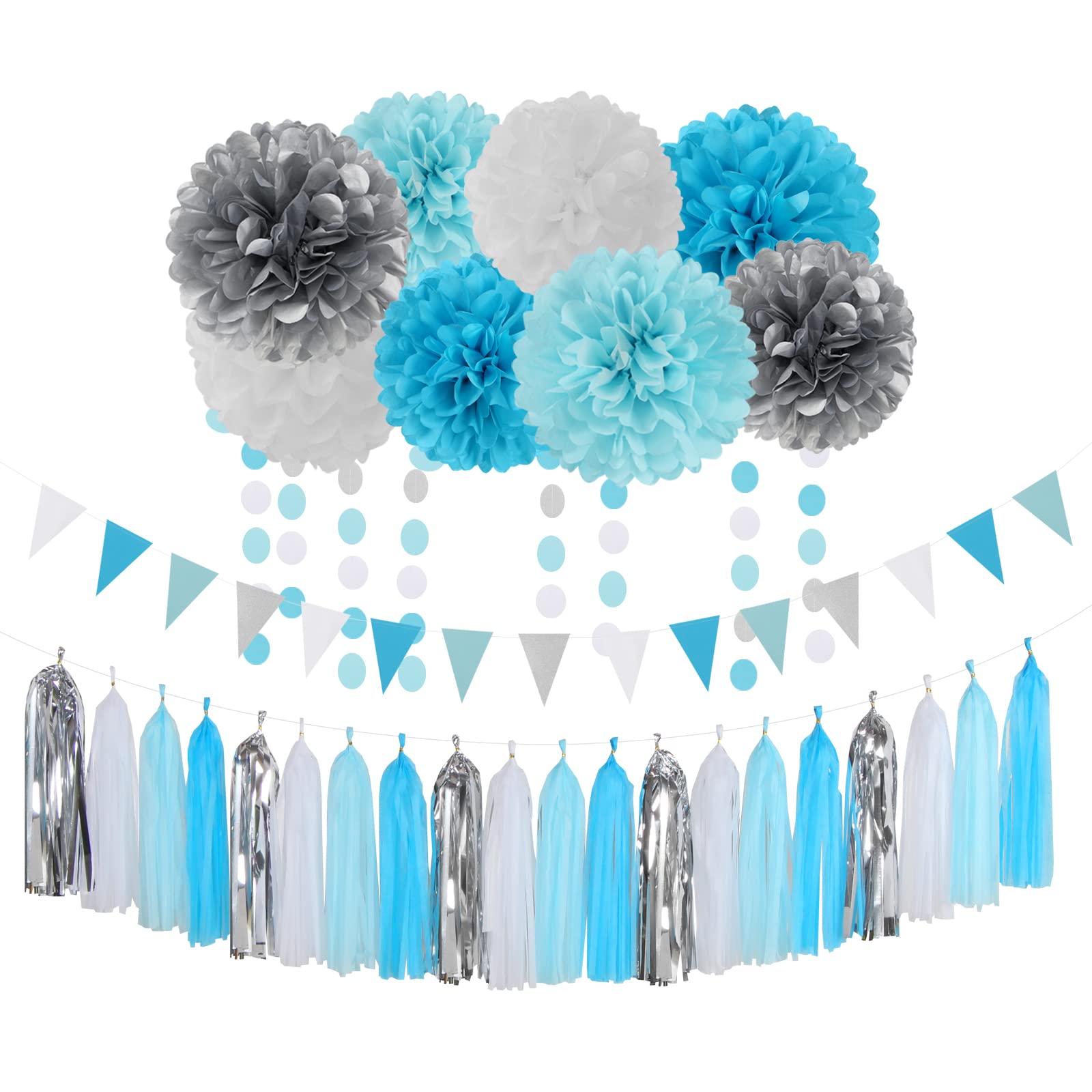 Royal-Light Blue Silver Party Decorations - 30pcs Tissue Pom Poms Streamers, Birthday Tassel Garland Banner for Wedding, Graduation, Baby Shower & Bridal Decor | Elegant Party Supplies for Home & Event Decoration