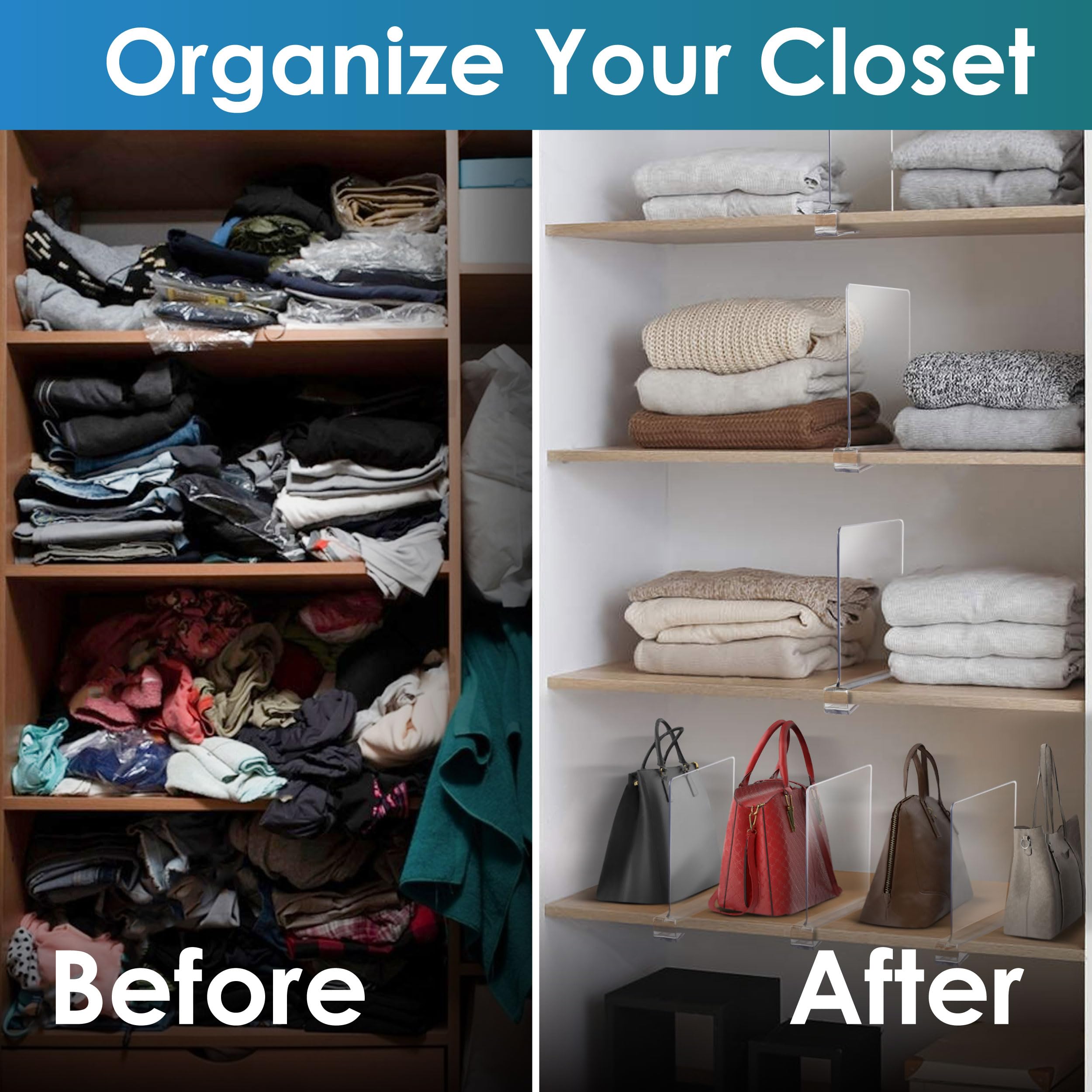 Clear Acrylic Shelf Dividers for Closet - 12 Pack Closet Organizer for Clothes, Purses & Handbags - Transparent Shelf Dividers for Wardrobe Storage - Perfect for Closet, Pantry & Retail Display Organization