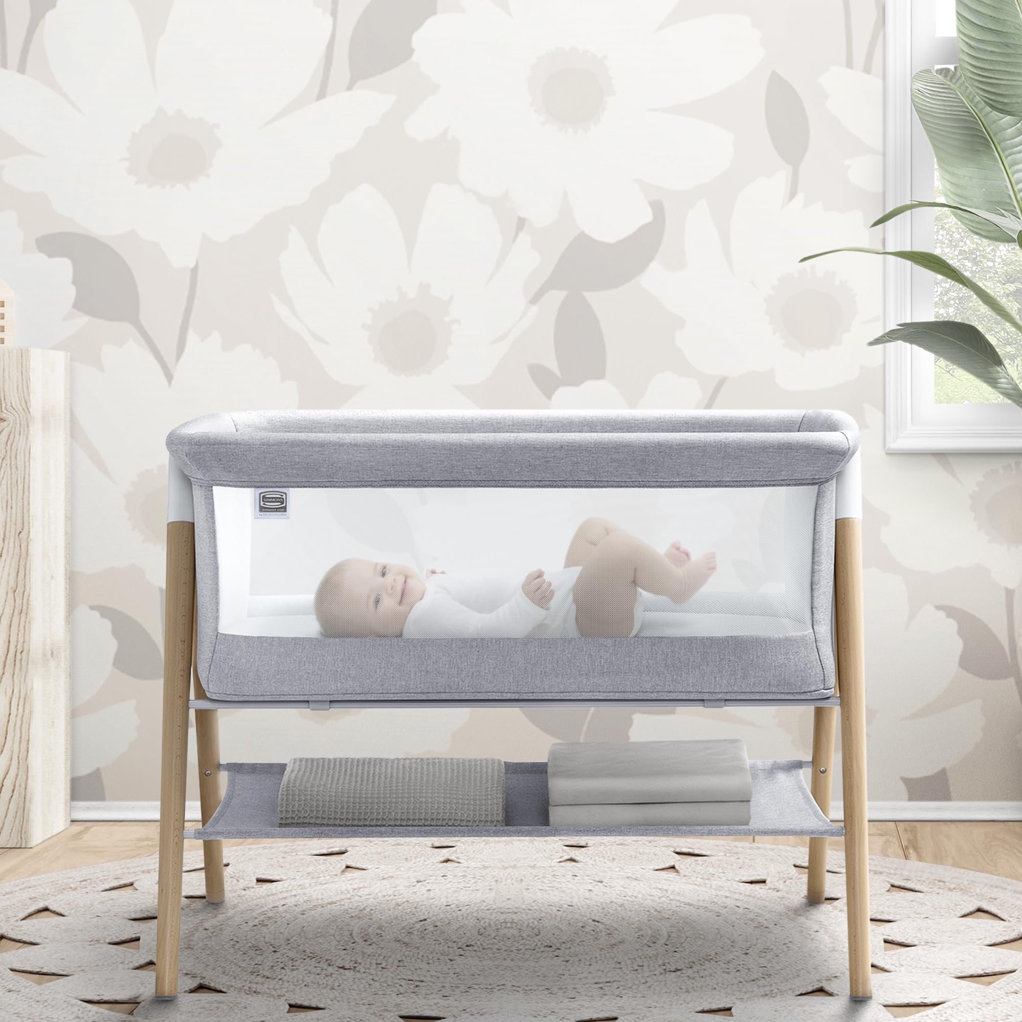 Simmons Kids Koi by The Bed Bassinet - Breathable Mesh Sides & Natural Beechwood Legs - Dove Grey - Safe Baby Sleeper for Bedside Co-Sleeping & Nursery