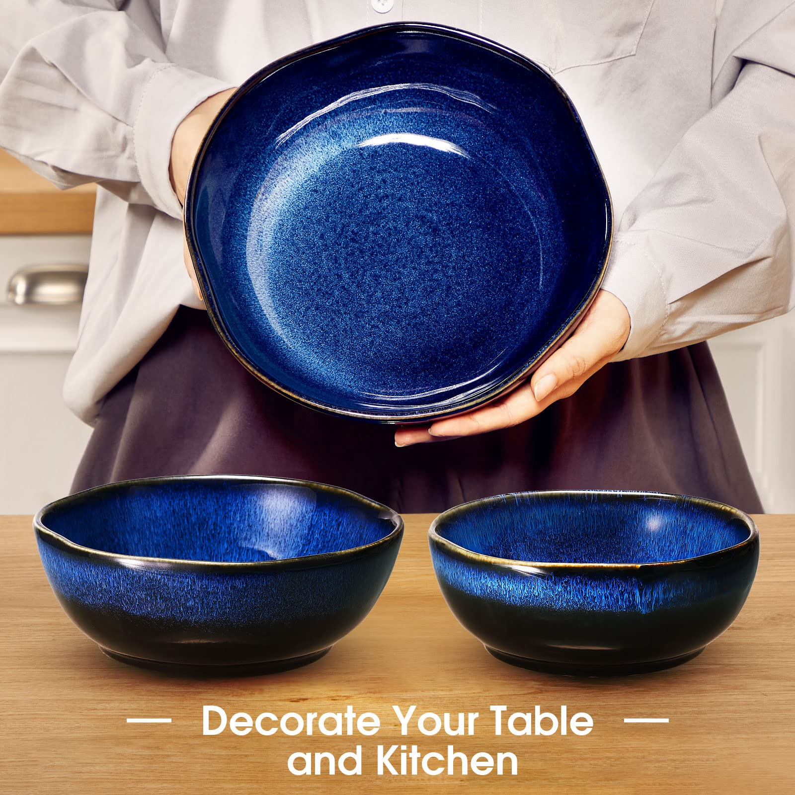 3-Piece Ceramic Salad Bowls Set - Blue Mixing & Serving Bowls for Ramen, Soup, Pasta & Noodles - Microwave & Dishwasher Safe Porcelain Bowls (13oz, 27oz, 47oz) - Perfect for Home Dining, Meal Prep & Nesting Storage
