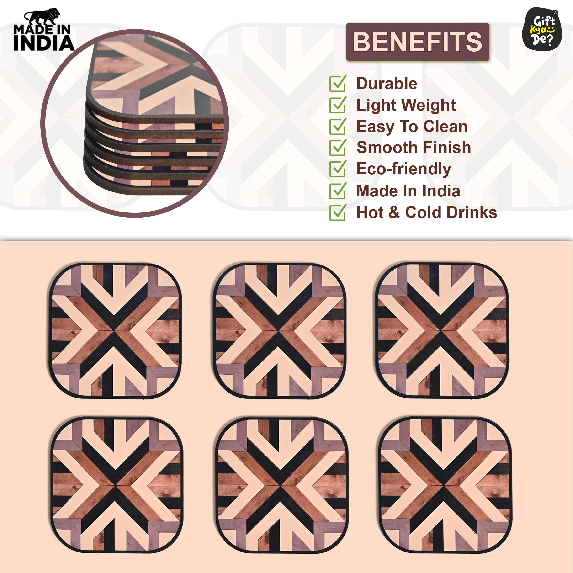 GKD Set of 6 Chevron Pattern Wooden Coasters - 3.8 x 3.8 Inch Square Drink Coasters for Coffee, Tea & Glasses - Eco-Friendly Home Decor for Dining Table, Office Desk & Kitchen Counter