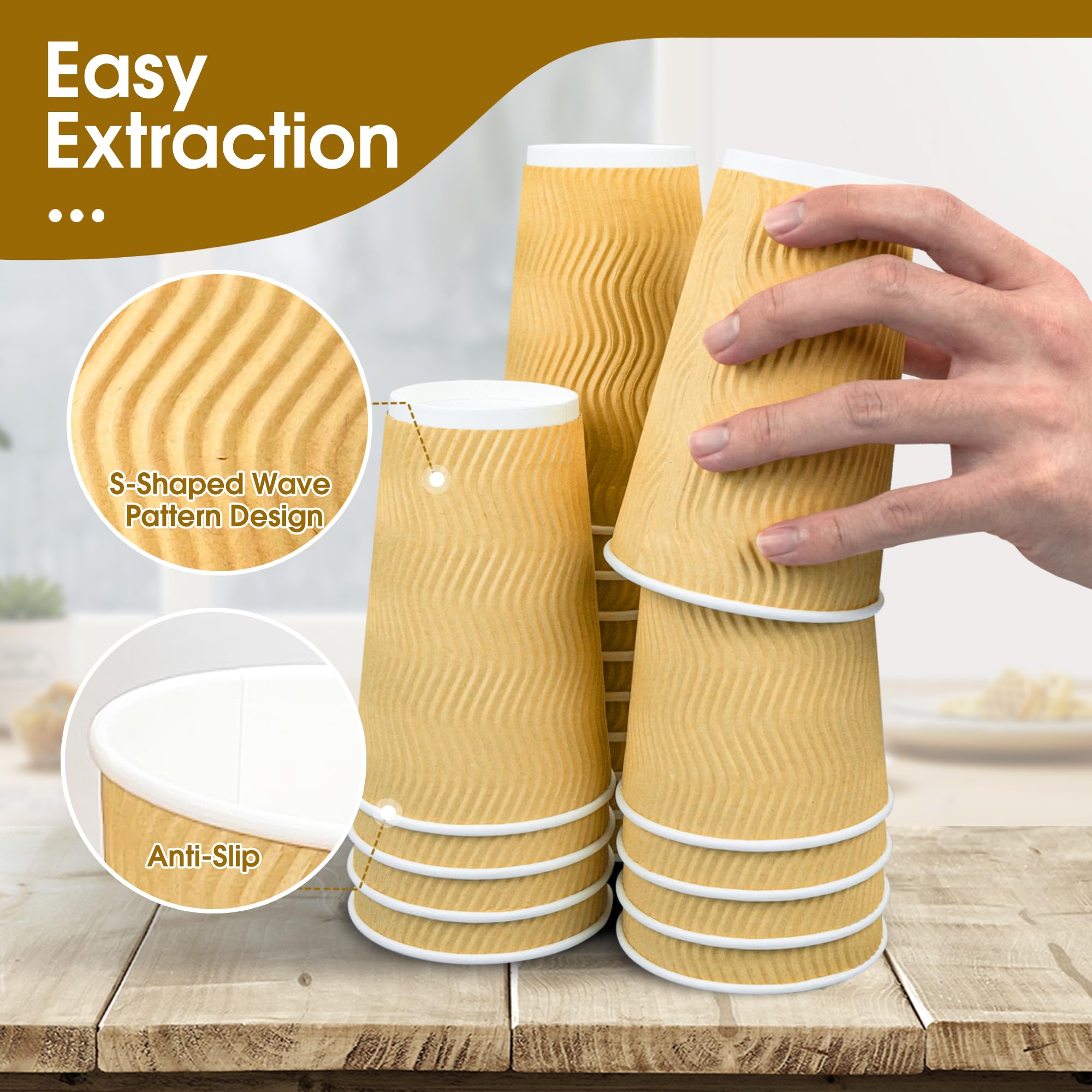 100 Pack 16 oz Disposable Coffee Cups with Lids - Insulated Ripple Wall Paper Cups for Hot & Cold Drinks | Perfect for Parties, Home Use, Travel & Office | Eco-Friendly Beige To-Go Cups
