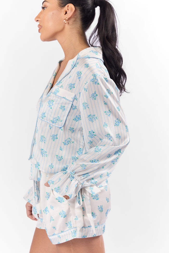 Blue Floral Satin Long Sleeve Pajama Top for Women - Soft Sleepwear for Side Sleepers - Cozy Nightwear for Relaxation & Comfort