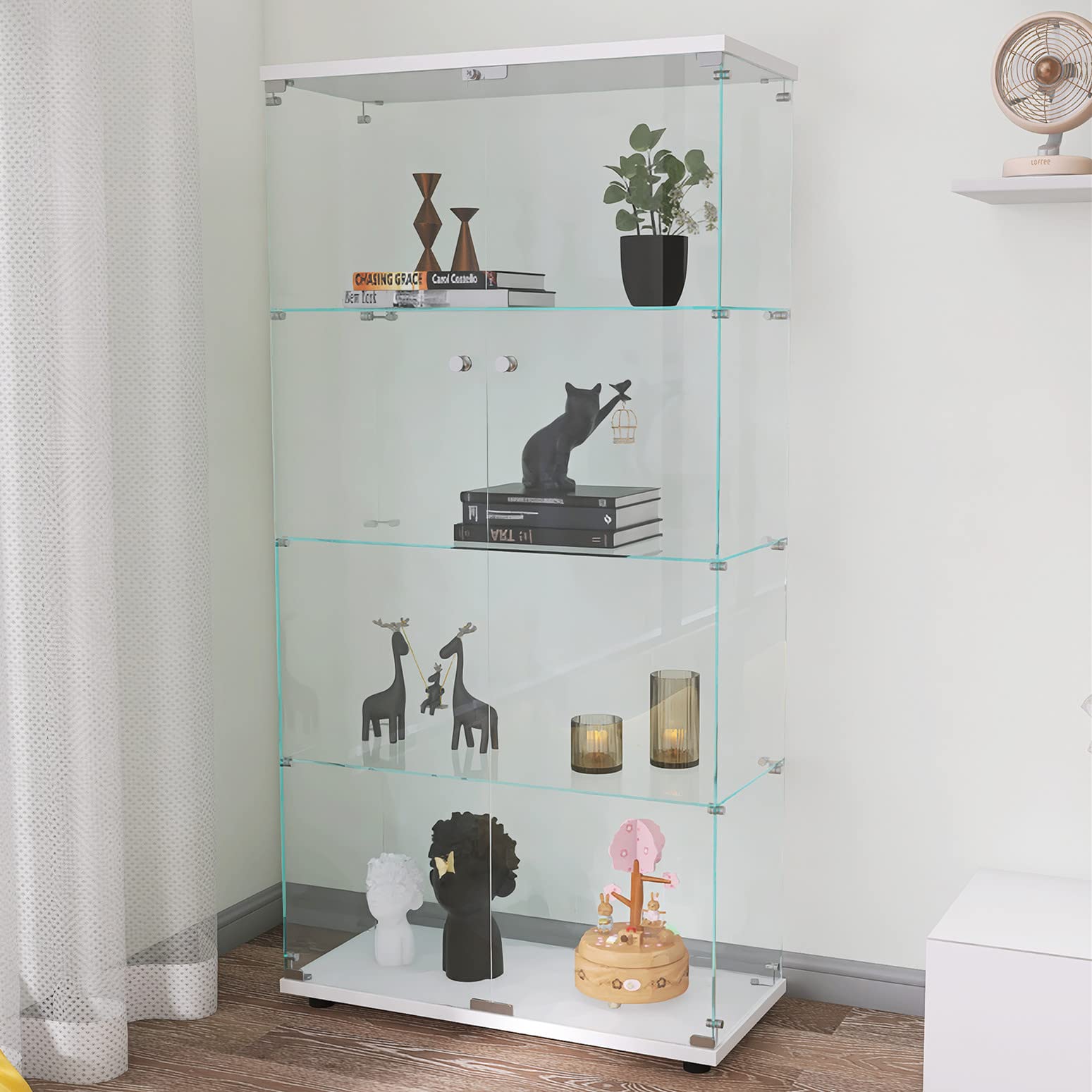 Yoluckea 5.4 Feet Tall Modern Glass Display Cabinet - Floor Standing Curio Cabinet with 4 Shelves & 2 Doors, Clear Glass Storage for Living Room, Bedroom, Study - Perfect for Showcasing Collectibles, Books & Decorative Items - Easy Upgrade Assembly