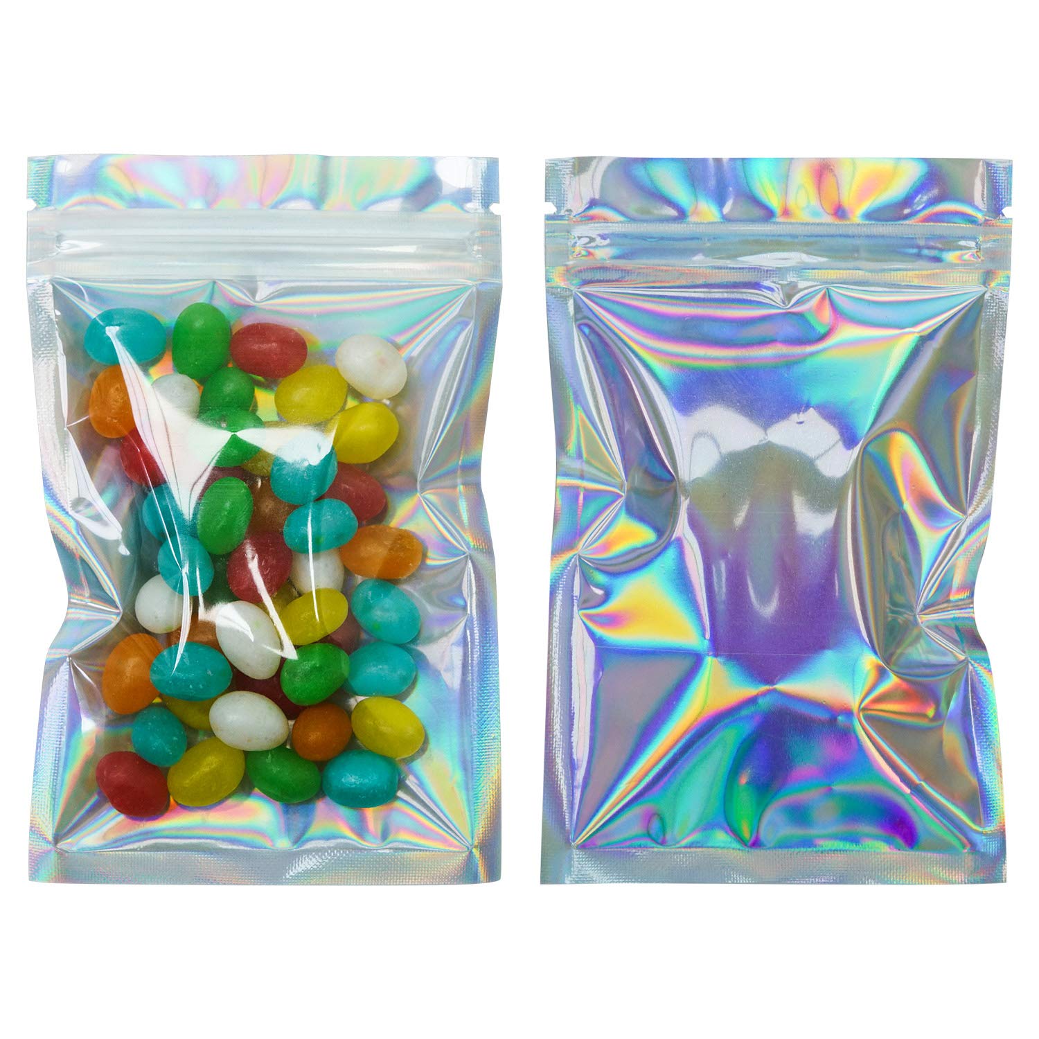 100 Pack Smell Proof Mylar Bags 3x5 Inches - Resealable Zip Lock Food Storage Bags for Candy, Snacks, Herbs & More | Airtight Holographic Rainbow Design | Perfect for Travel, Camping & Home Organization