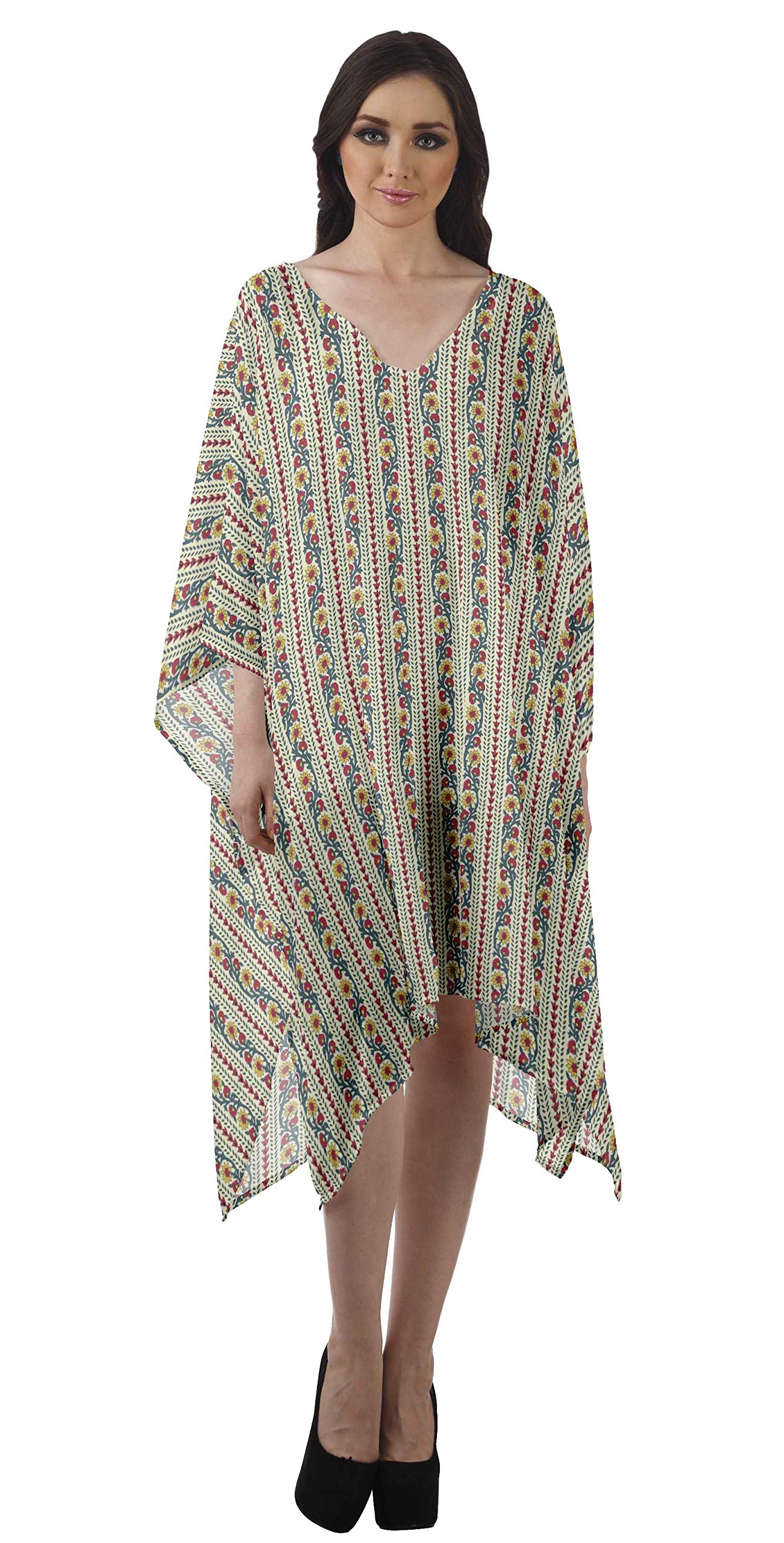 Moomaya Women's Georgette Short Beach Kaftan - Flowy Bikini Cover Up Dress with Side Slits | Perfect for Poolside, Vacation & Summer Outfits