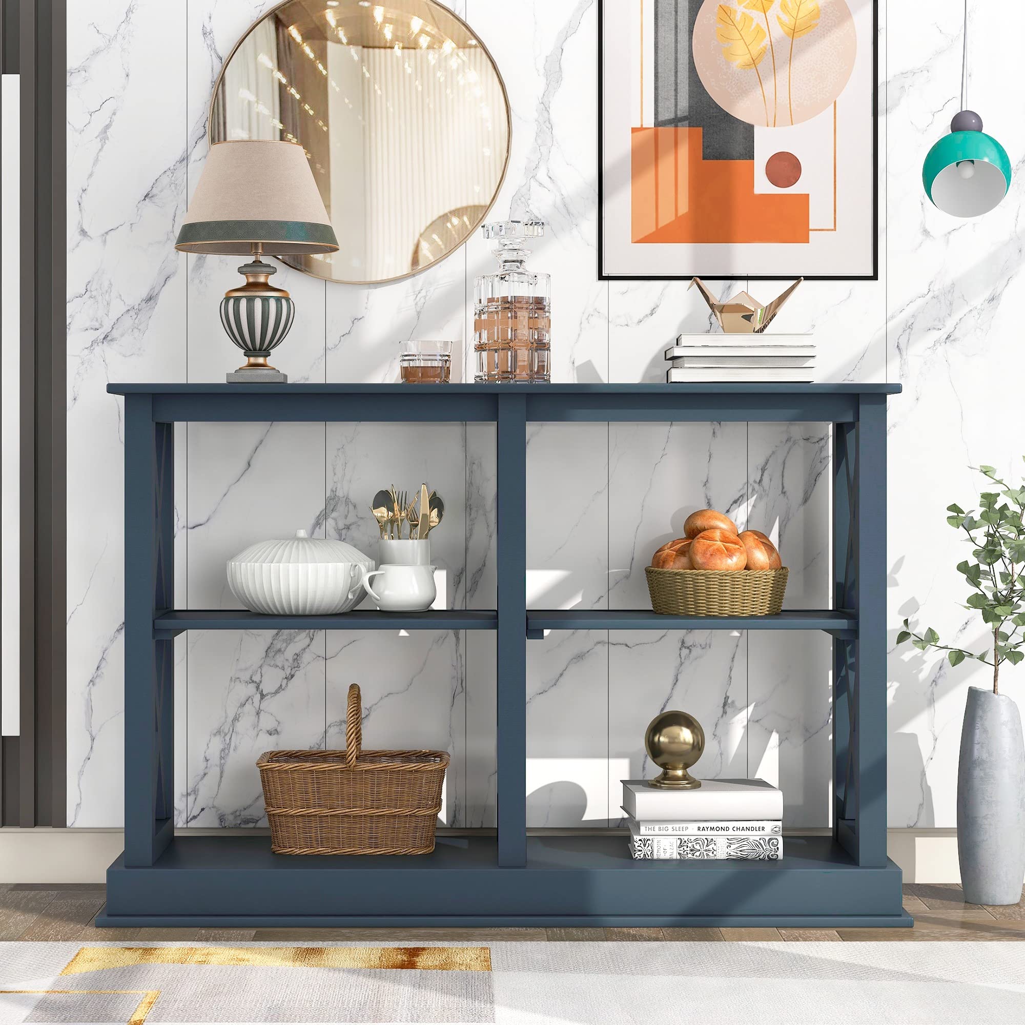 TREXM Modern Narrow Console Table with 3-Tier Open Storage & X-Shaped Legs - Sofa Table for Living Room, Entryway, Hallway - Space Saving Design for Small Apartments (Navy Blue)