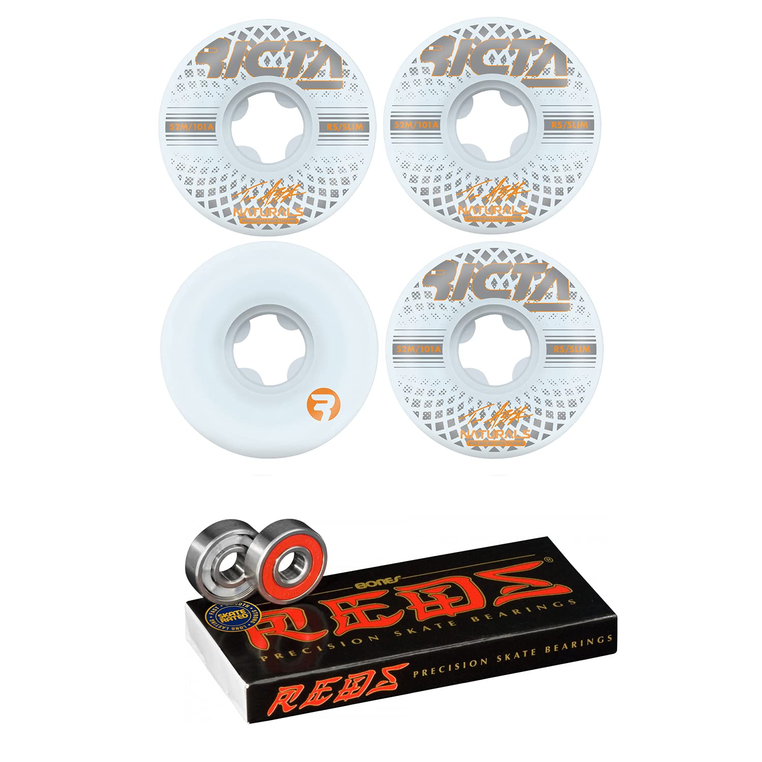 Ricta 52mm Asta Slim 101A White Skateboard Wheels with Bones Reds Bearings - High Performance Wheels for Street Skating, Park Riding & Smooth Cruising
