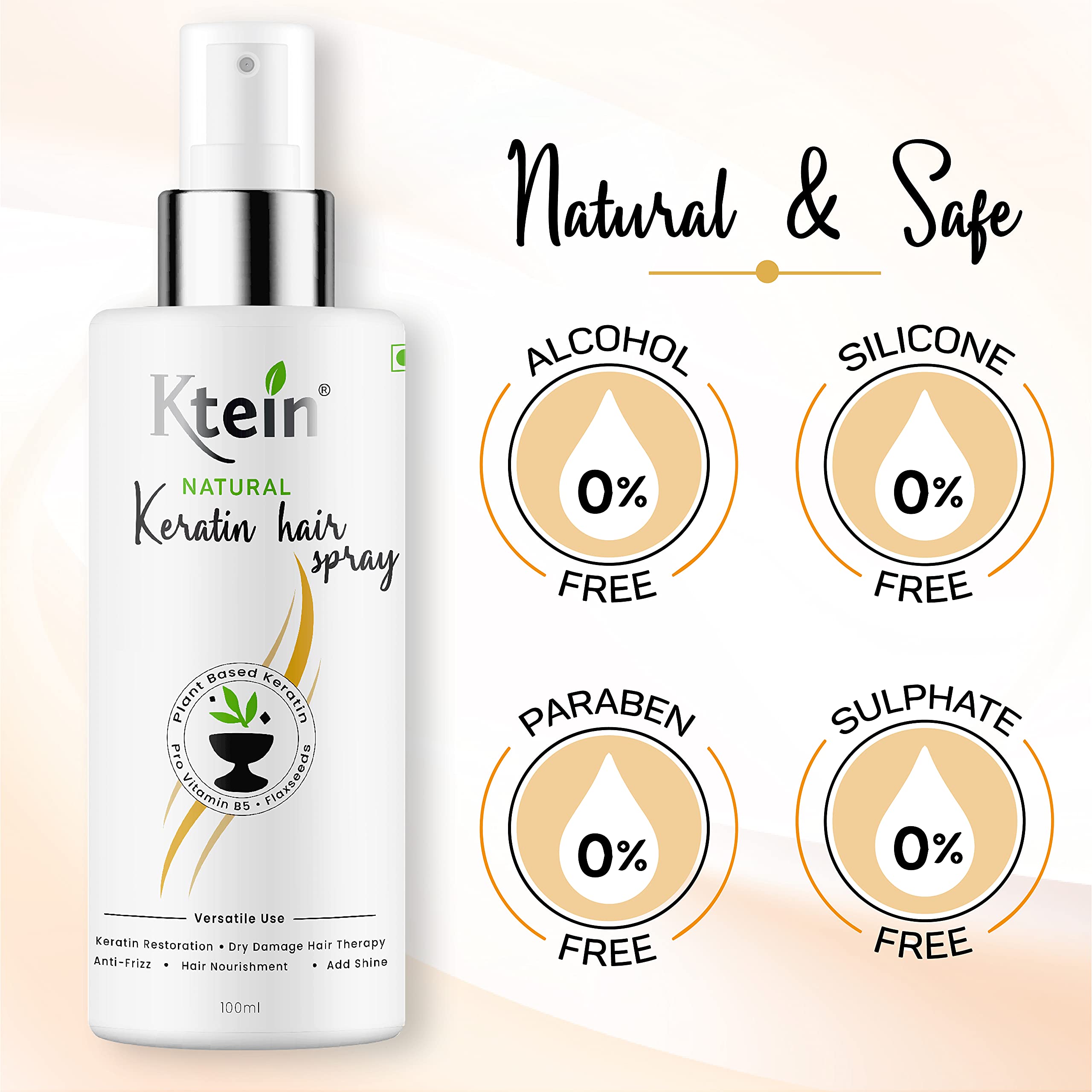 Ktein Natural Keratin Hair Spray 100ml - Sulfate Free & Heat Protectant for Damaged Hair - Perfect for Daily Styling, Frizz Control & Hair Repair