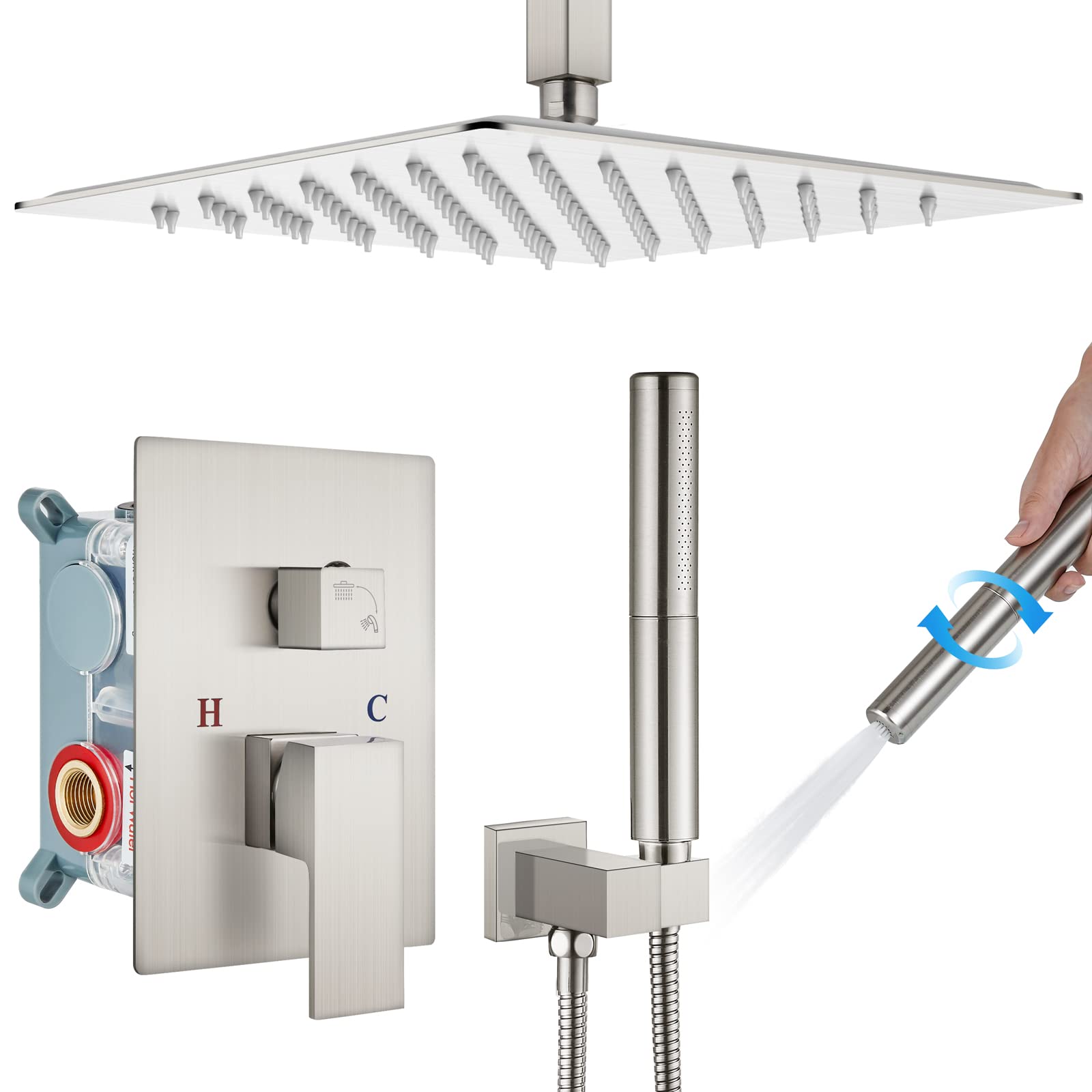Gotonovo 12 Inch Square Ceiling Mount Rainfall Shower System - Brushed Nickel 2-in-1 Shower Faucet Set with Handheld Showerhead & Rough-in Valve for Modern Bathroom Remodel | Spa-Like Shower Experience for Luxury Homes & Hotels