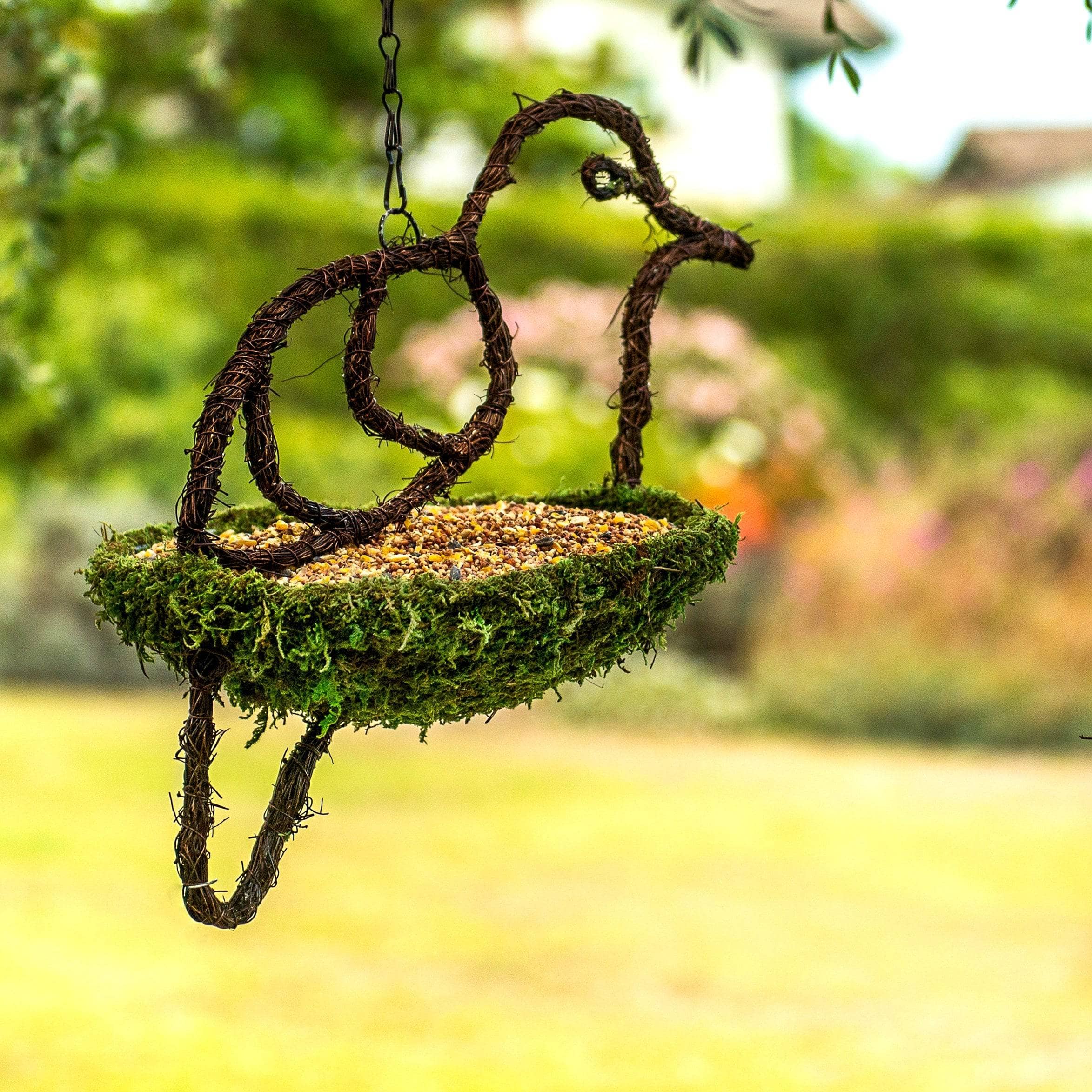 Dove 9.5 Inch Moss Covered Bird Feeder - Hanging Garden Decoration for Outdoor Bird Watching & Nature Lovers