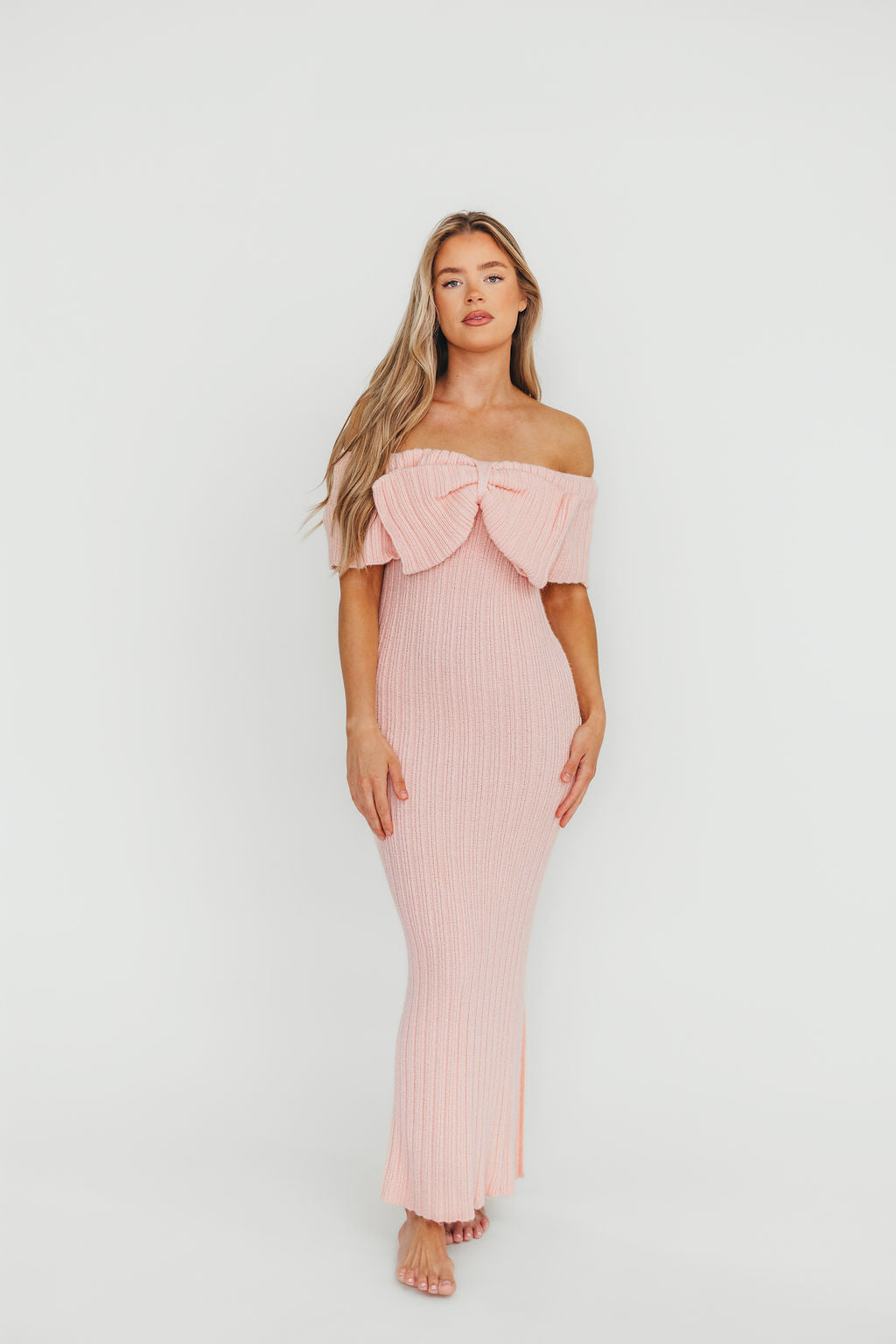Aston Bow Front Maxi Sweater Dress in Pinkish Petal - Bump Friendly Maternity Dress, Inclusive Sizing (S-3XL) | Cozy Winter Outfit, Casual Office Wear & Special Occasion Dress