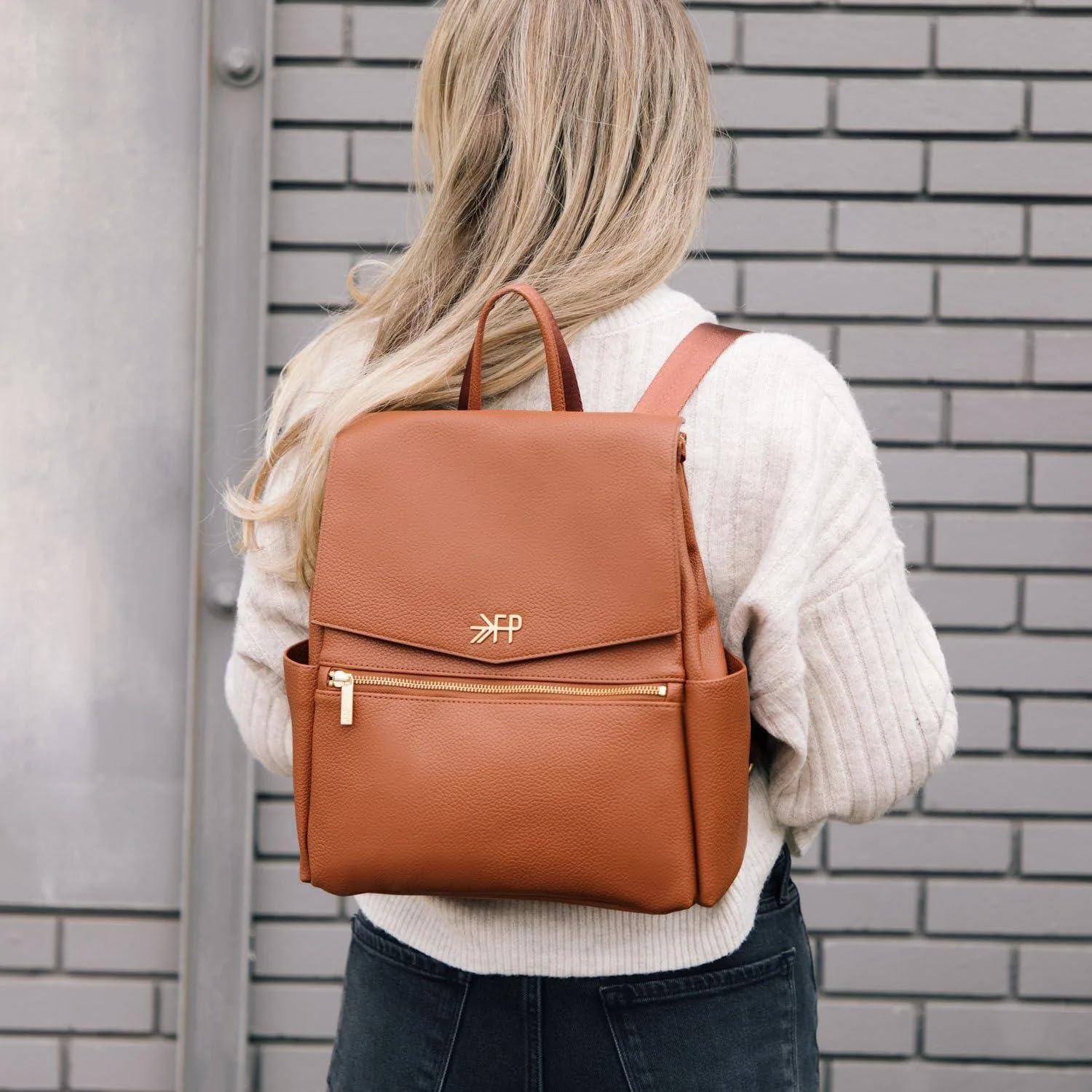 Freshly Picked Mini Classic Diaper Bag Backpack - Wipeable Vegan Leather with 8 Pockets (Cognac) - Perfect for Baby Essentials, Travel & On-the-Go Parents