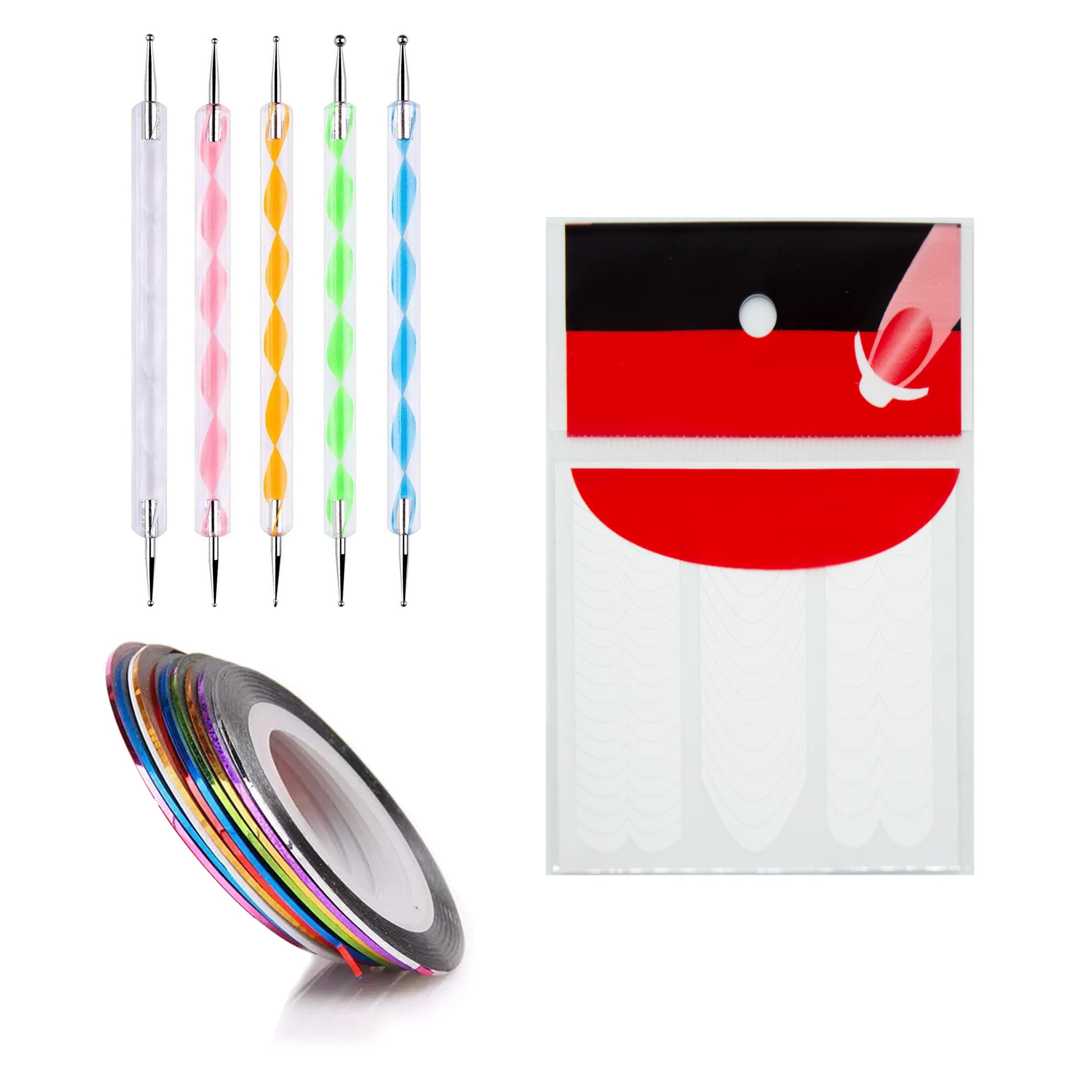 MAPPERZ 10 Rolls Self-Adhesive Nail Striping Tape & 10 Manicure Tip Guide Stickers with 5pc 2-Way Dotting Pens - Professional Nail Art Kit for Salon, DIY Home Manicure & Creative Nail Designs