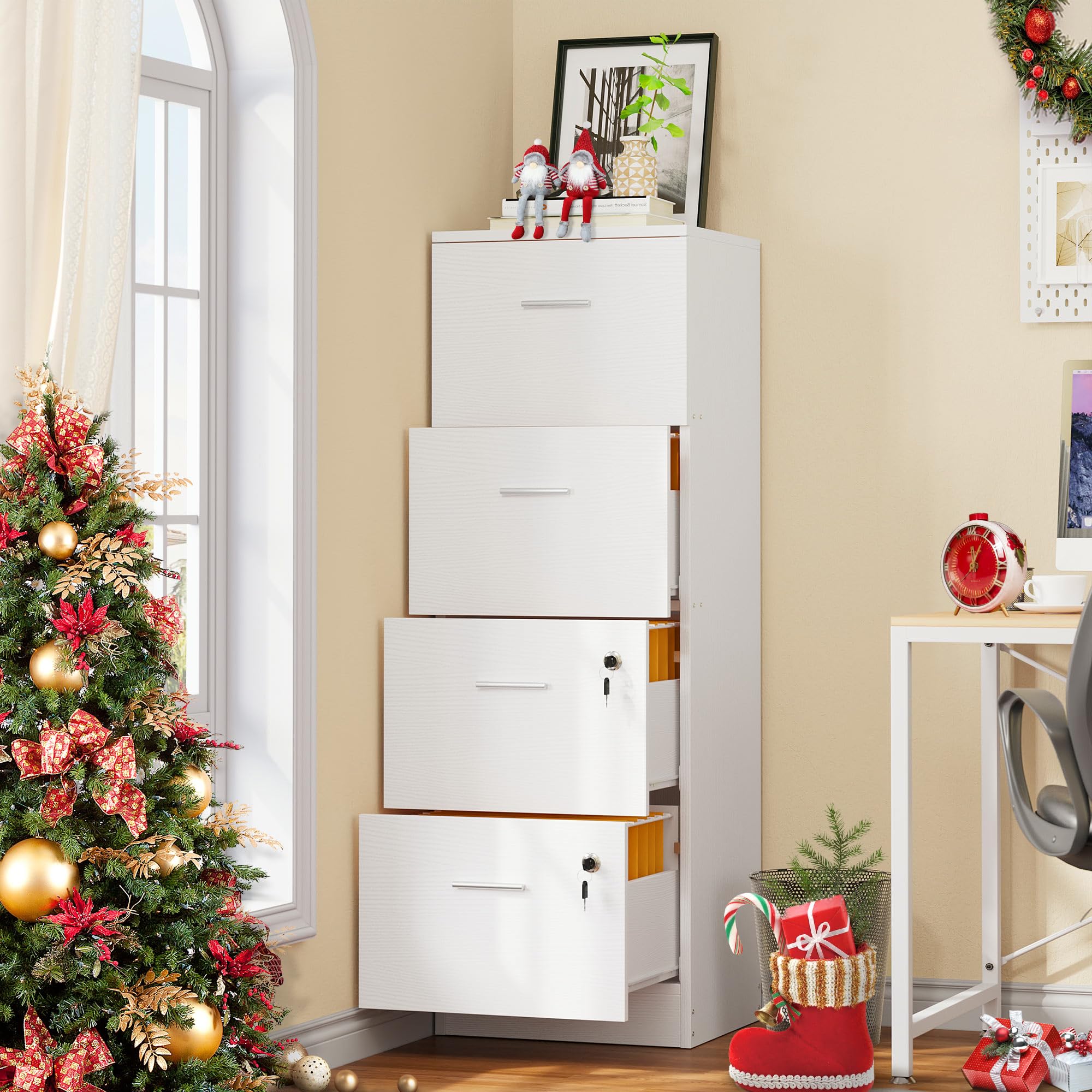 DWVO 4-Drawer File Cabinet with Lock - Letter & A4 Size Metal Filing Cabinet, Heavy Duty Office Storage, White - Perfect for Home Office, School, or Business Organization