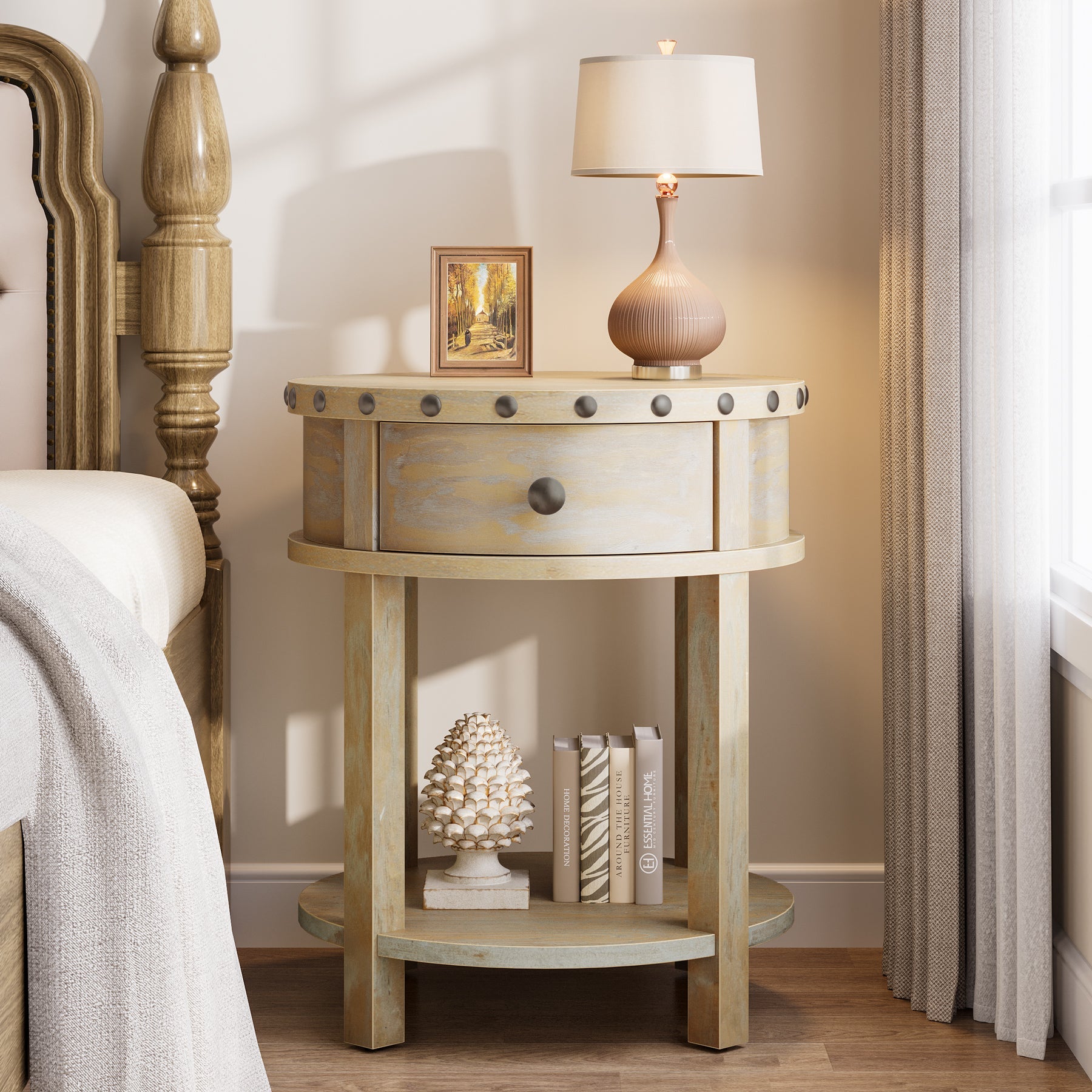 Farmhouse Round Nightstand with Drawer - Solid Wood Bedside Table for Bedroom, Living Room & Guest Room - Rustic Home Decor & Functional Storage Solution
