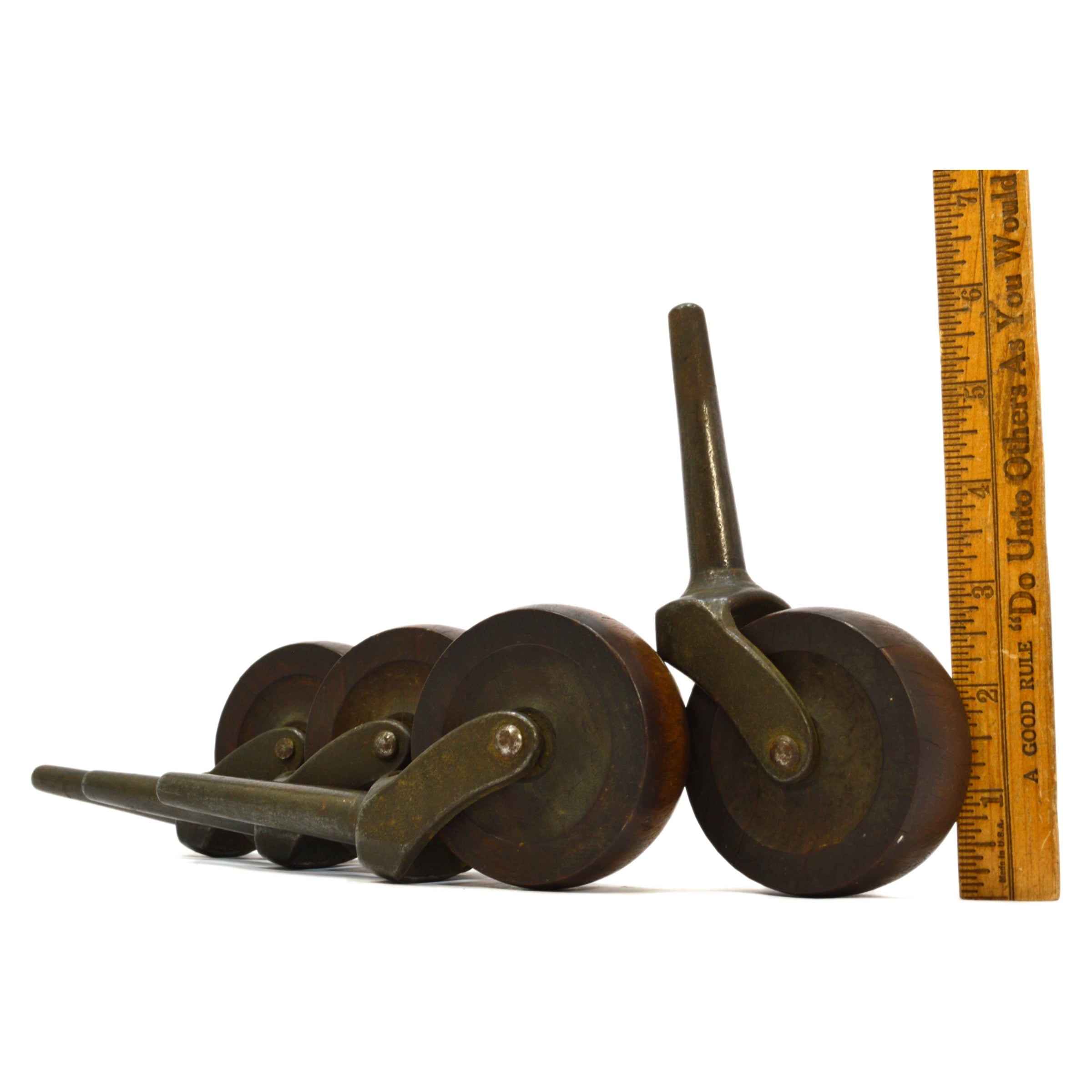 Vintage Antique Caster Wheels Set of 4 - 2 5/8 Inch Iron Stem Casters with Single Wood Wheels & Distressed Patina Finish - Perfect for Furniture Restoration, Industrial Decor, and Vintage DIY Projects