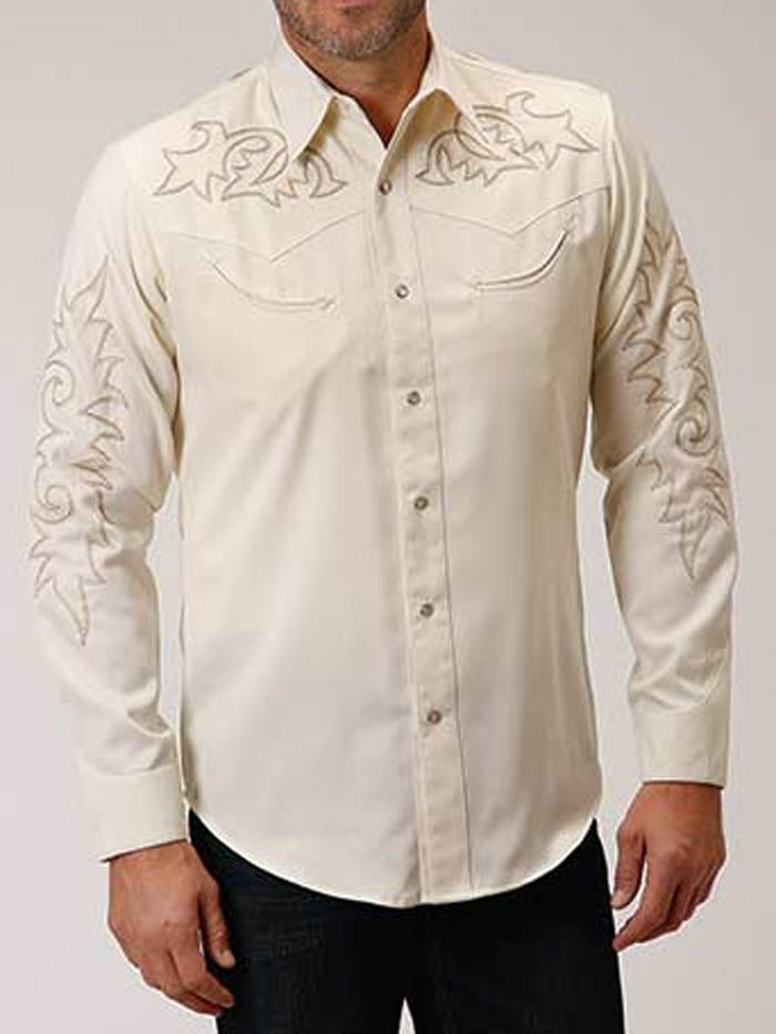 Roper Men's Long Sleeve Embroidered Western Shirt - Old West Collection White Cowboy Shirt for Rodeo, Ranch Work & Country Style Fashion