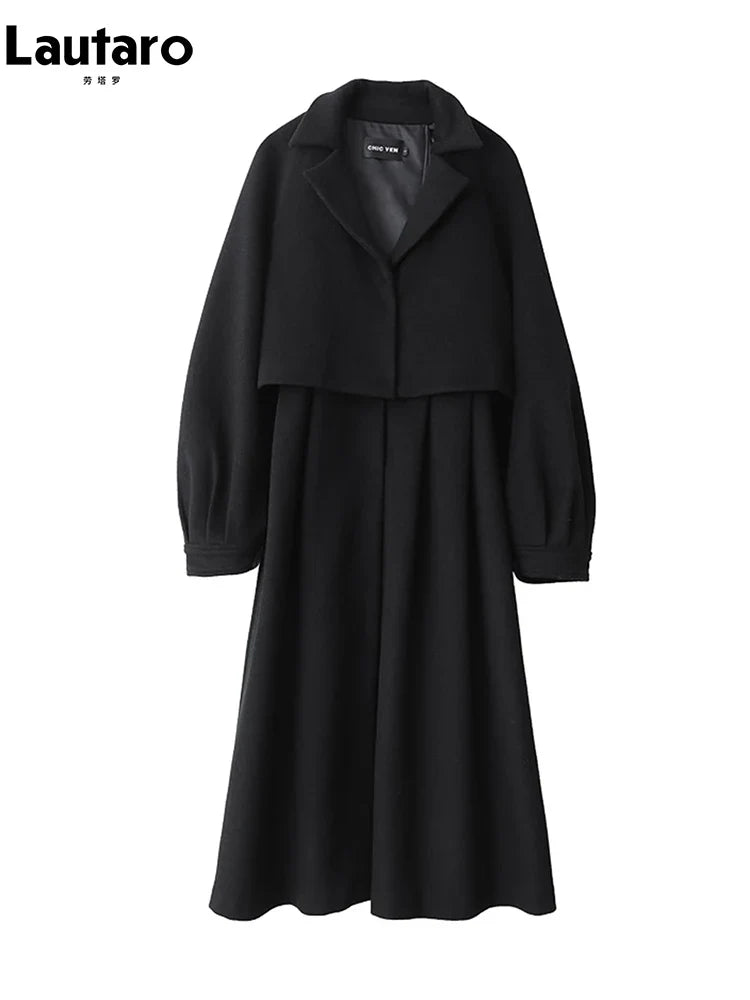 Luxury Vintage Black Wool Coat for Women - Warm Thick Winter Long Flowy Designer Coat - 2 Piece Outfit Set 2023 | Perfect for Fall & Winter Fashion, Office Wear & Holiday Outfits