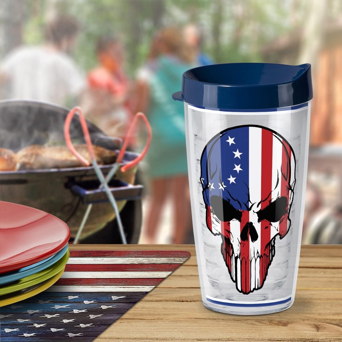 Betsy Ross Flag Skull Design 16oz Double Wall Insulated Unbreakable Plastic Tumbler with Lid - Microwave & Dishwasher Safe - Perfect for Patriotic Parties, Outdoor Events & Office Use
