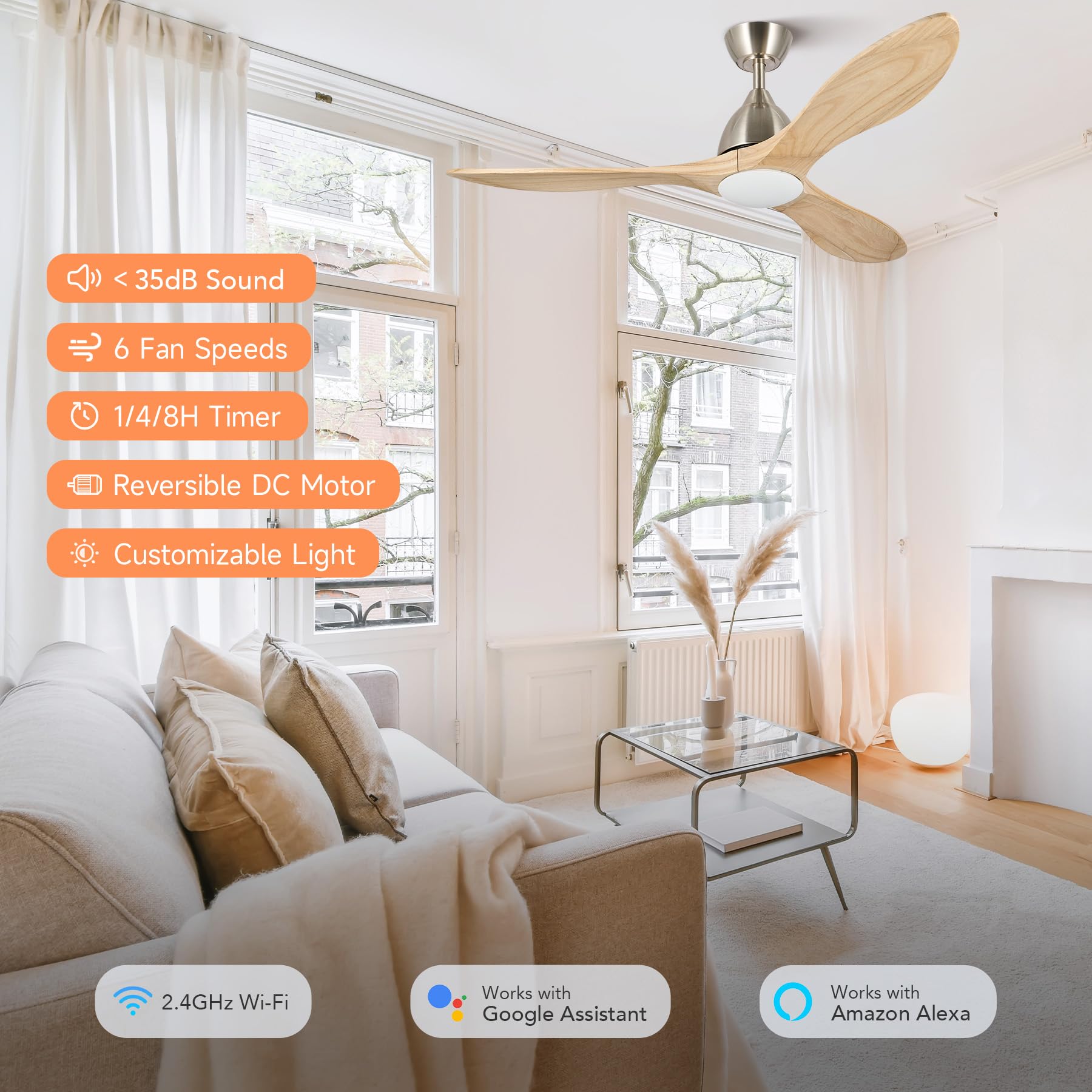 VONLUCE 52 Inch Smart Ceiling Fan with Light - Remote/APP/Alexa Control, 3 Blades, 6 Speeds, Quiet Reversible DC Motor, Wood Finish - Perfect for Bedroom, Living Room & Farmhouse (Nickel)