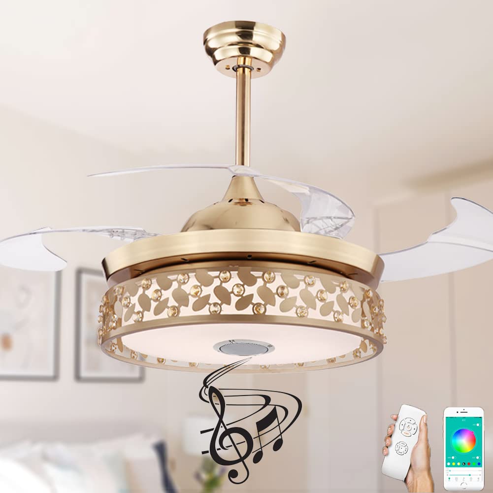 FANEPRO 42 Inch Smart Retractable Ceiling Fan with LED Lights & Bluetooth Speaker - Gold Chandelier Fan with Remote Control, 7 Color Dimmable Lighting, 3 Speed Settings - Perfect for Bedroom, Living Room, Dining Room & Home Decor