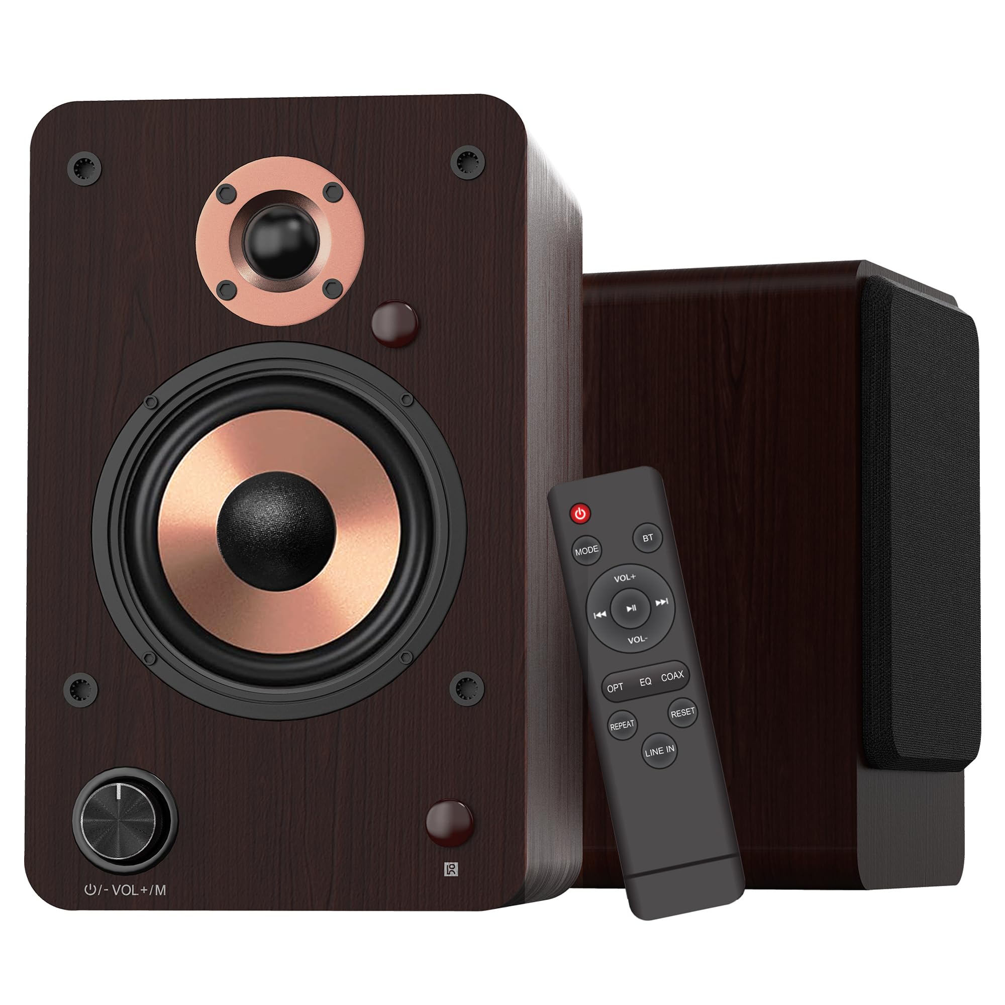 LONPOO 100W Bluetooth Bookshelf Speakers with 4'' Aluminum Woofer - Wireless Audio System for Home Theater, Gaming & Music | Supports RCA, Optical, Coaxial, USB, AUX Input for TV, PC, Turntable (LP-42M, Brown) - Perfect for Living Room, Bedroom & Office Entertainment