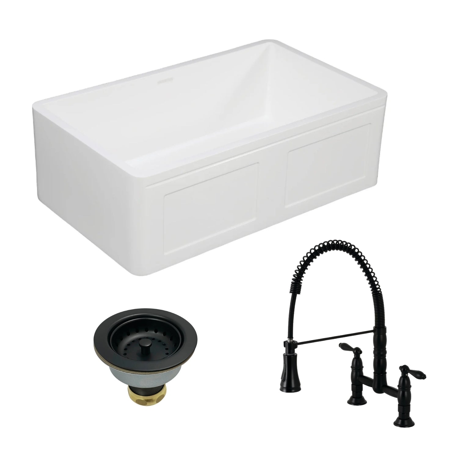 Arcticstone 30 Inch White Farmhouse Kitchen Sink - Single Bowl Undermount with Matte Black Deck Mount Faucet & Basket Strainer - Perfect for Modern Farmhouse & Rustic Kitchen Renovations