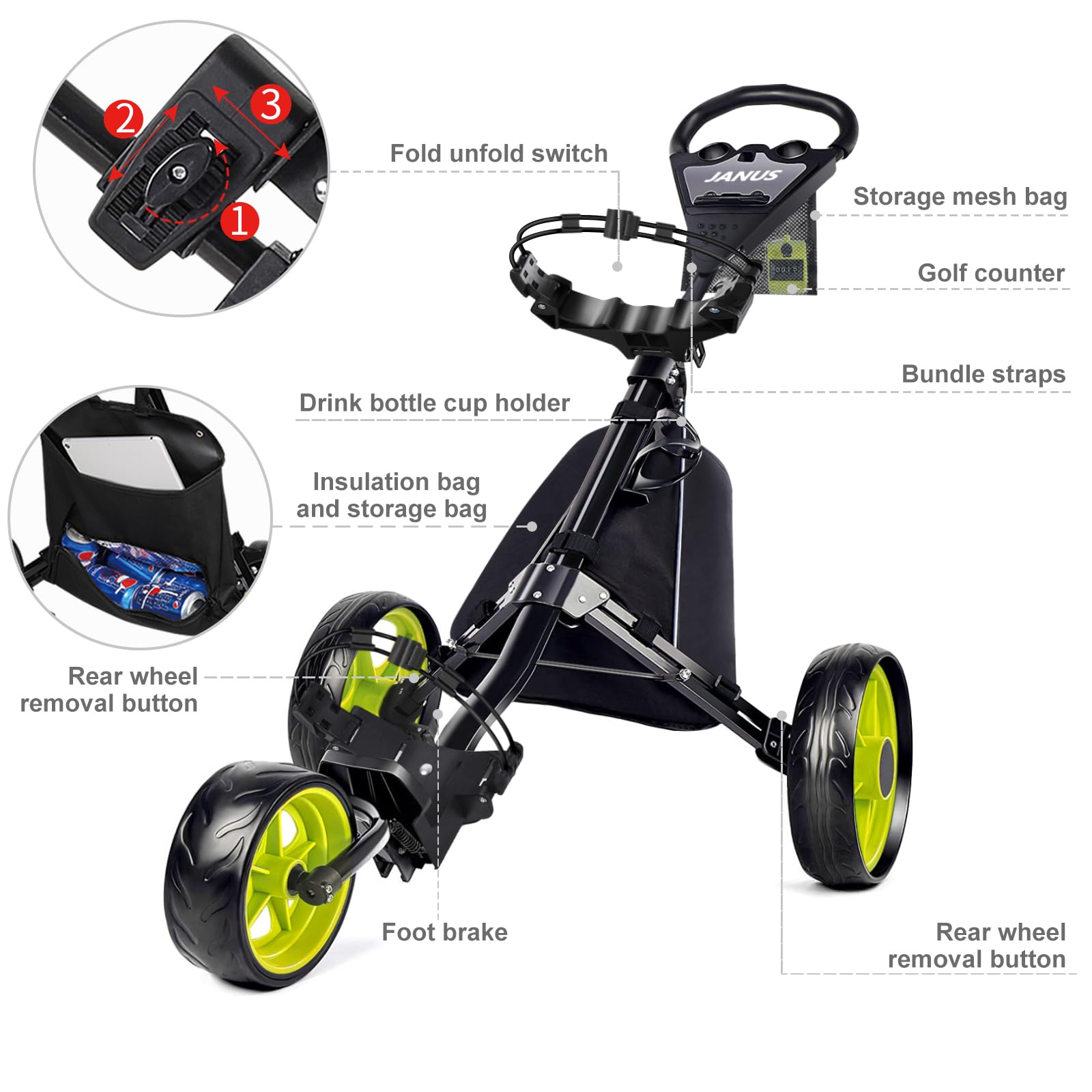 JANUS Foldable Golf Push Cart - Lightweight Golf Bag Caddy for Stand & Cart Bags | Compatible with Large/Small Wings | Includes Cooler Bag | Perfect for Course Rounds & Practice Sessions