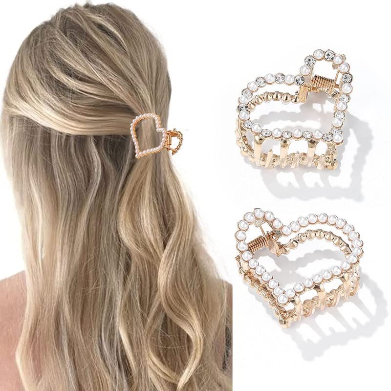 BELICIA Gold Pearl Hair Claw Clips - Mini Nonslip Hair Accessories for Women & Girls, Perfect for Fine Hair (Pack of 2) | Great for Daily Use, Parties, Weddings & Special Occasions