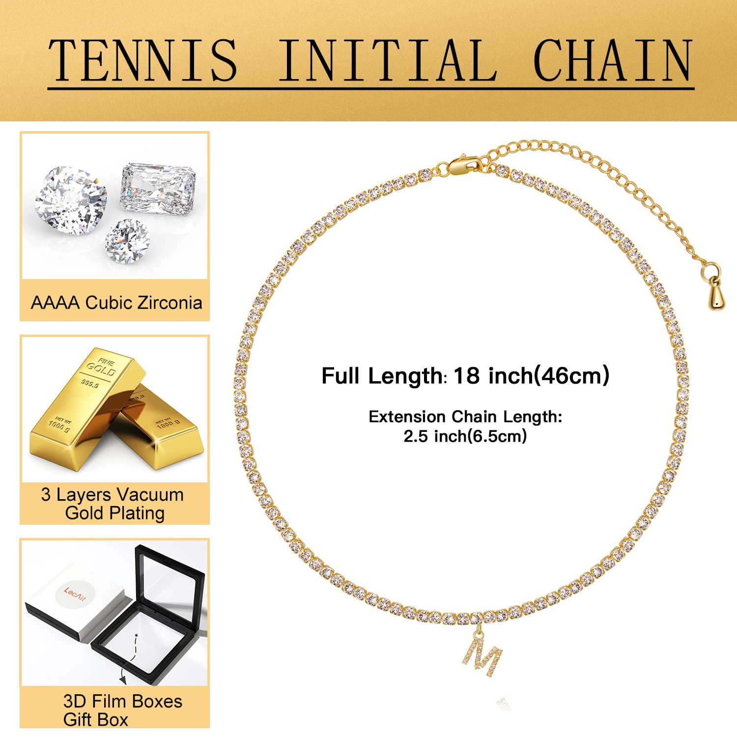 14K Gold Plated Letter Necklace - Personalized Initial Choker with CZ Diamonds | Women's Tennis Chain Jewelry for Everyday Wear, Date Nights & Special Occasions