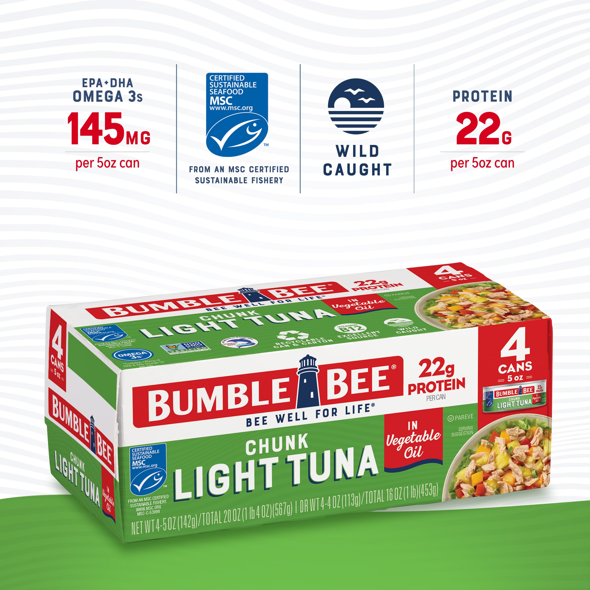 Bumble Bee Chunk Light Tuna in Oil - Wild Caught Skipjack Tuna (5 oz Cans, Pack of 4) | 22g Protein per Serving | MSC Certified Sustainable Seafood | Non-GMO, Gluten Free, Kosher | Perfect for Salads, Sandwiches & Quick Meals