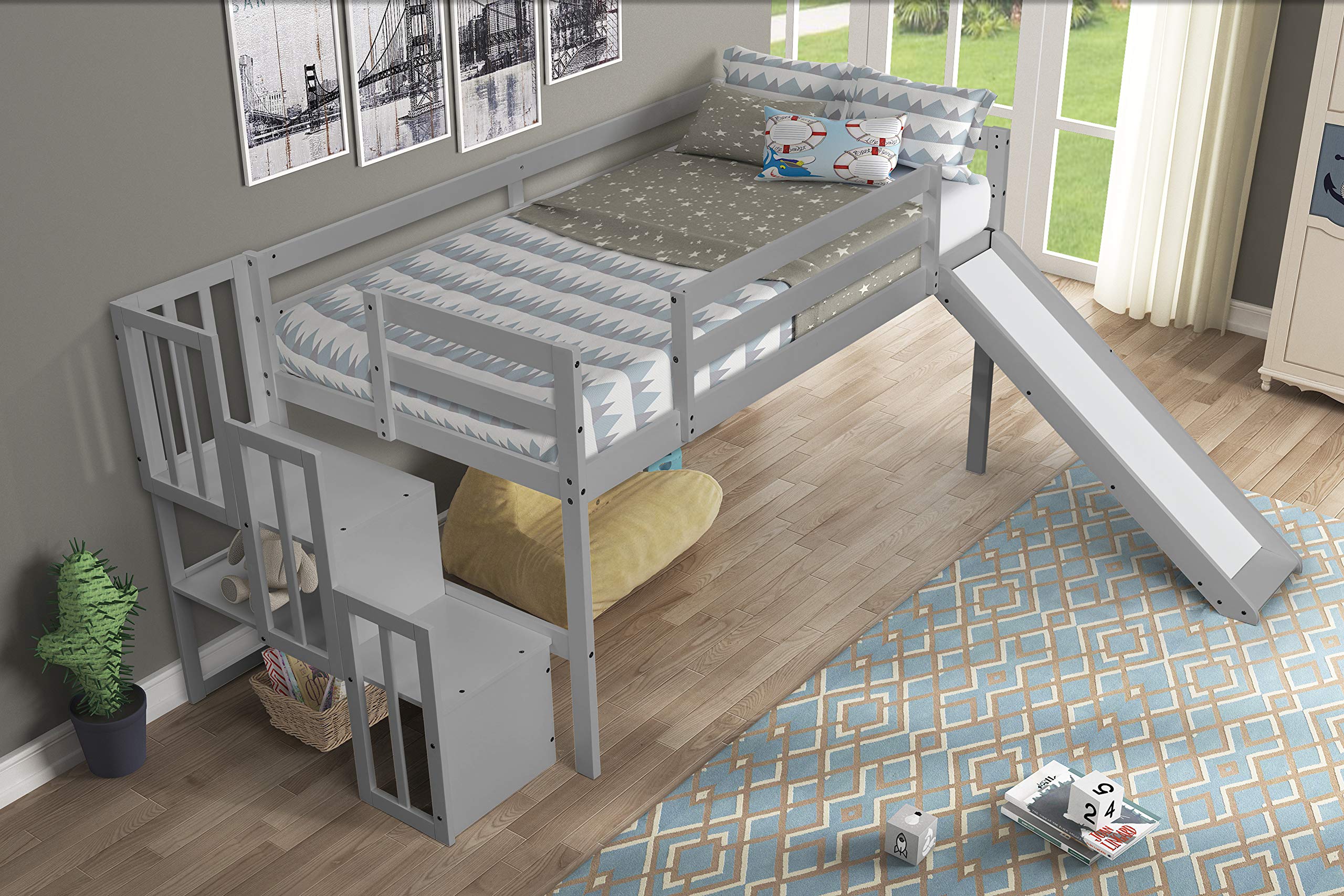 Merax Solid Wood Twin Size Low Loft Bed with Adjustable Slide & Staircase - Grey | Space-Saving Kids & Teens Bedroom Furniture | No Box Spring Needed | Perfect for Small Rooms, Dormitories & Apartments