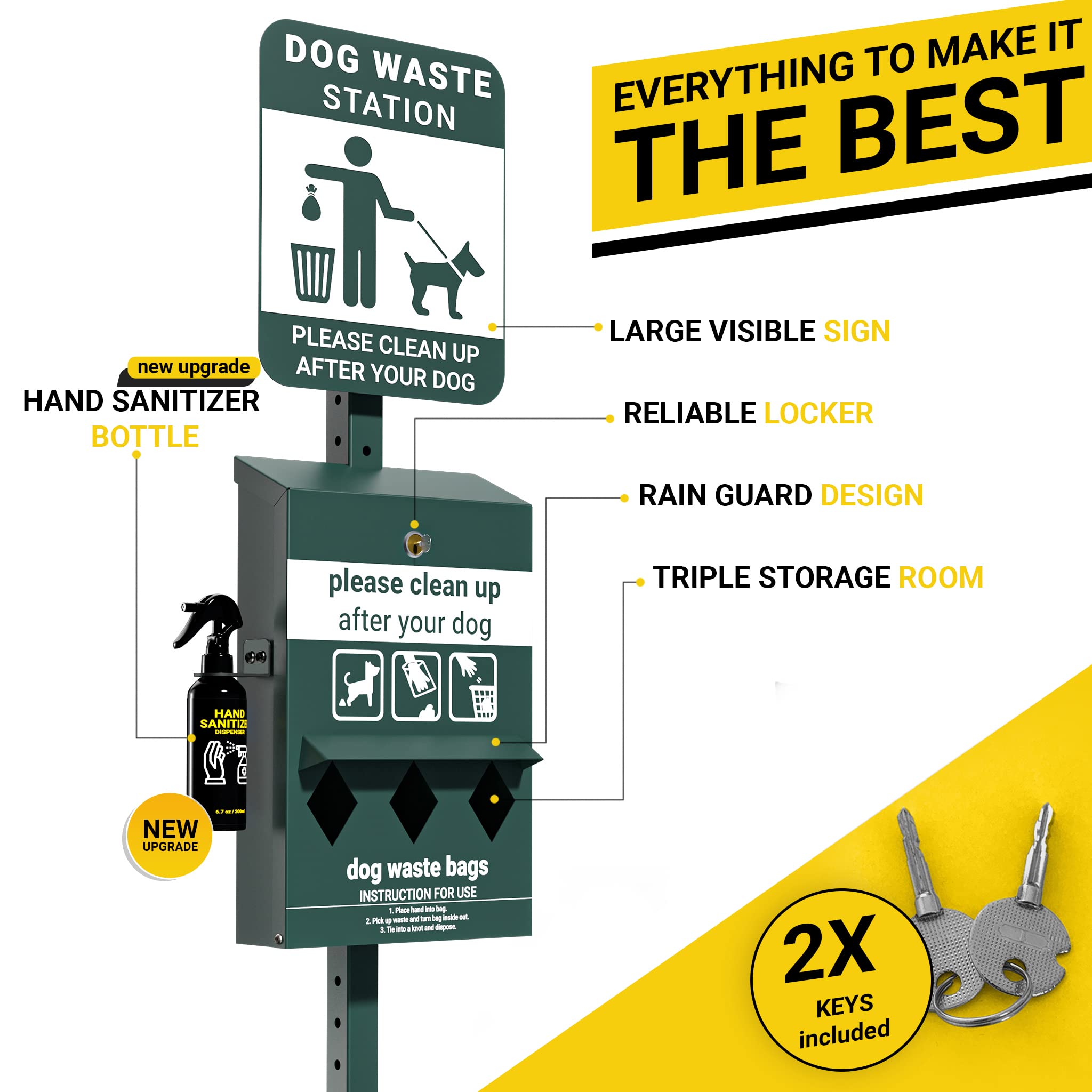 Mini Pet Waste Station with 600 Dog Poop Bags - Glow in The Dark Dog Waste Dispenser, Triple Storage & Hand Sanitizer Holder - Perfect for Parks, Backyards & Dog Walking Areas