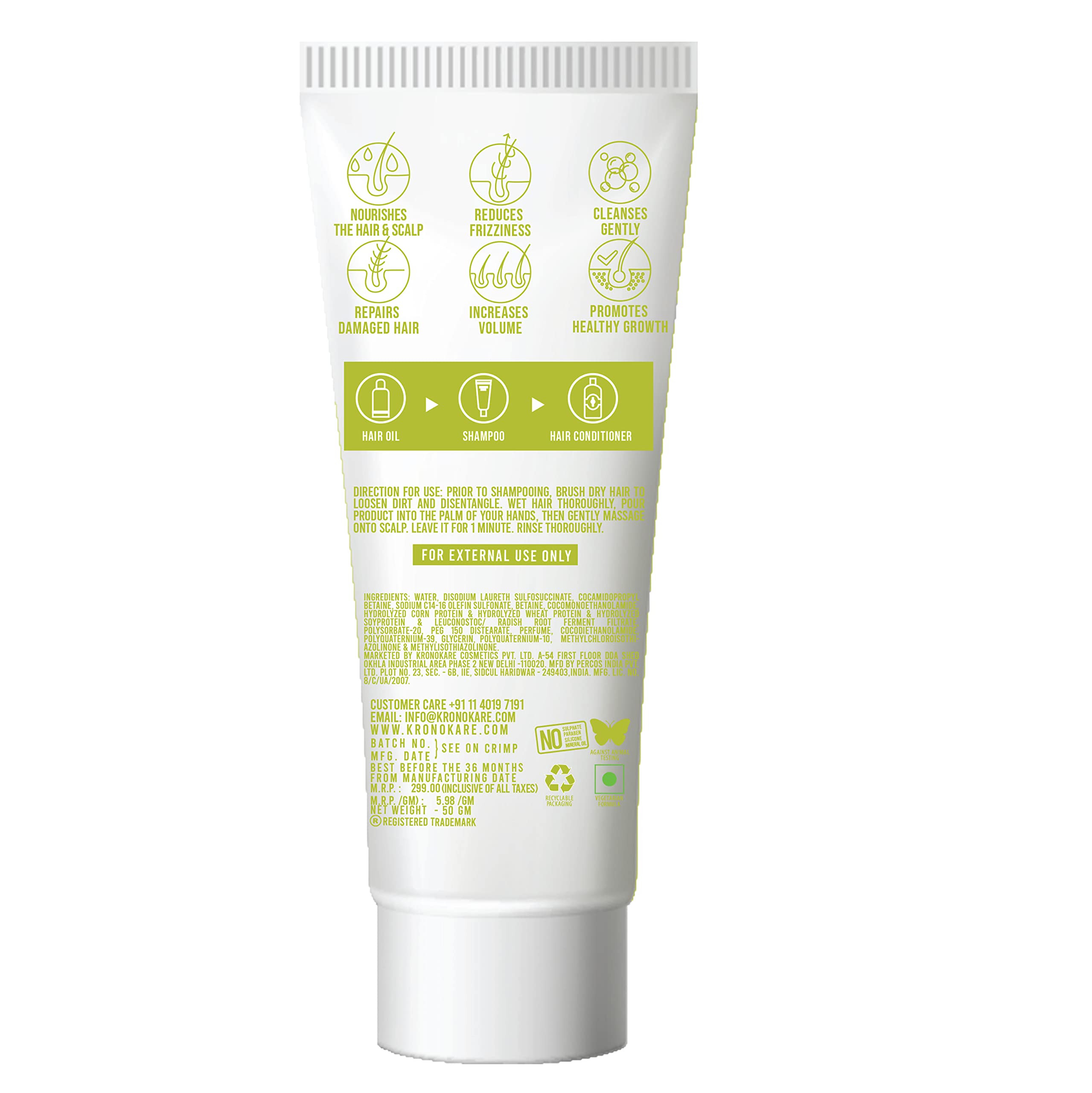 Kronokare Hydrating Keratin Shampoo with Rice Bran, Bergamot & Lemon - Vitamin E Enriched, Sulfate Paraben & Silicone Free (50g) - For Dry, Damaged Hair Repair & Daily Moisturizing