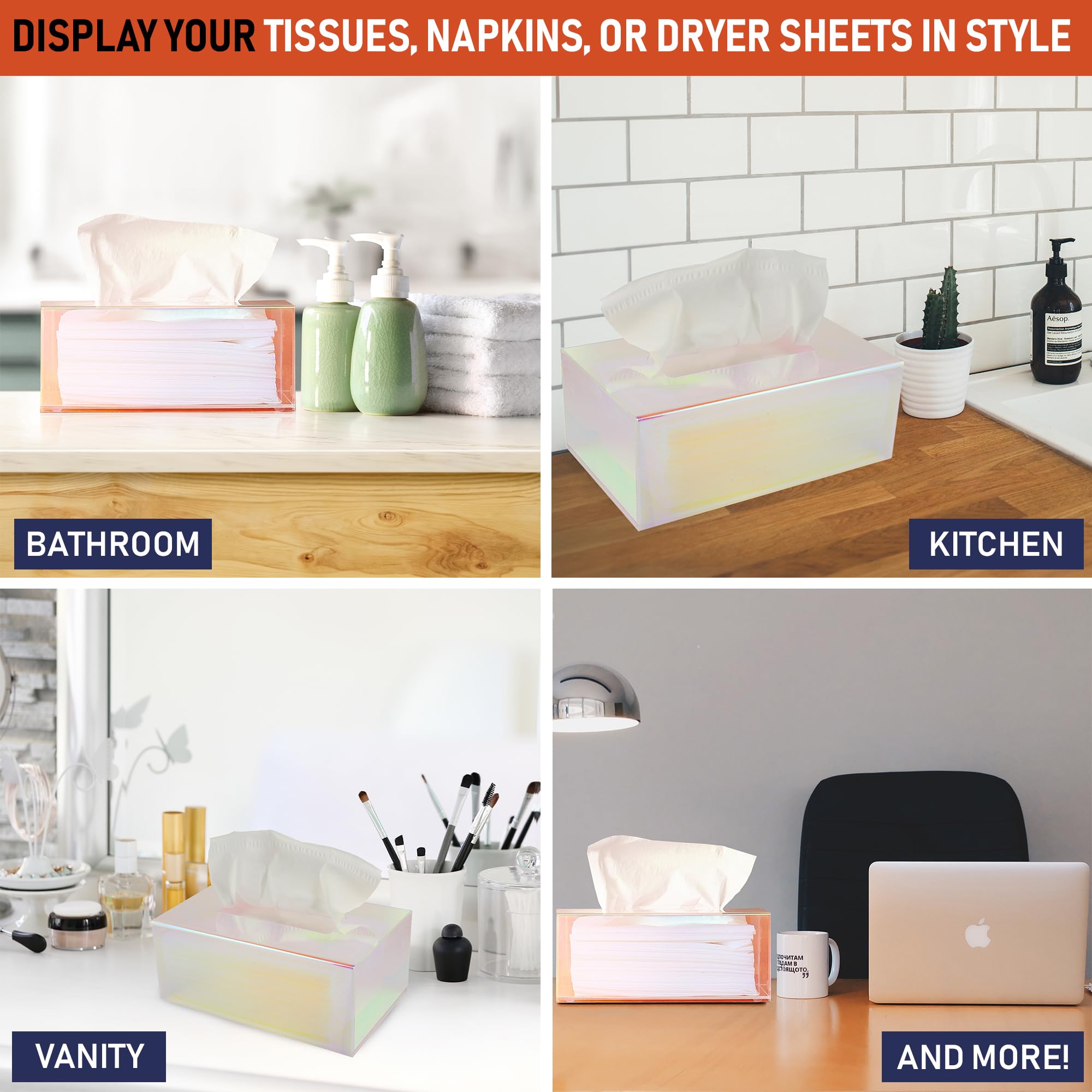 Clear Acrylic Tissue Box Holder - Rectangle Iridescent Dispenser for Facial Tissues, Napkins & Dryer Sheets | Bathroom, Bedroom, Office Desk & Vanity Organizer | Modern Home Decor for Countertops & Nightstands