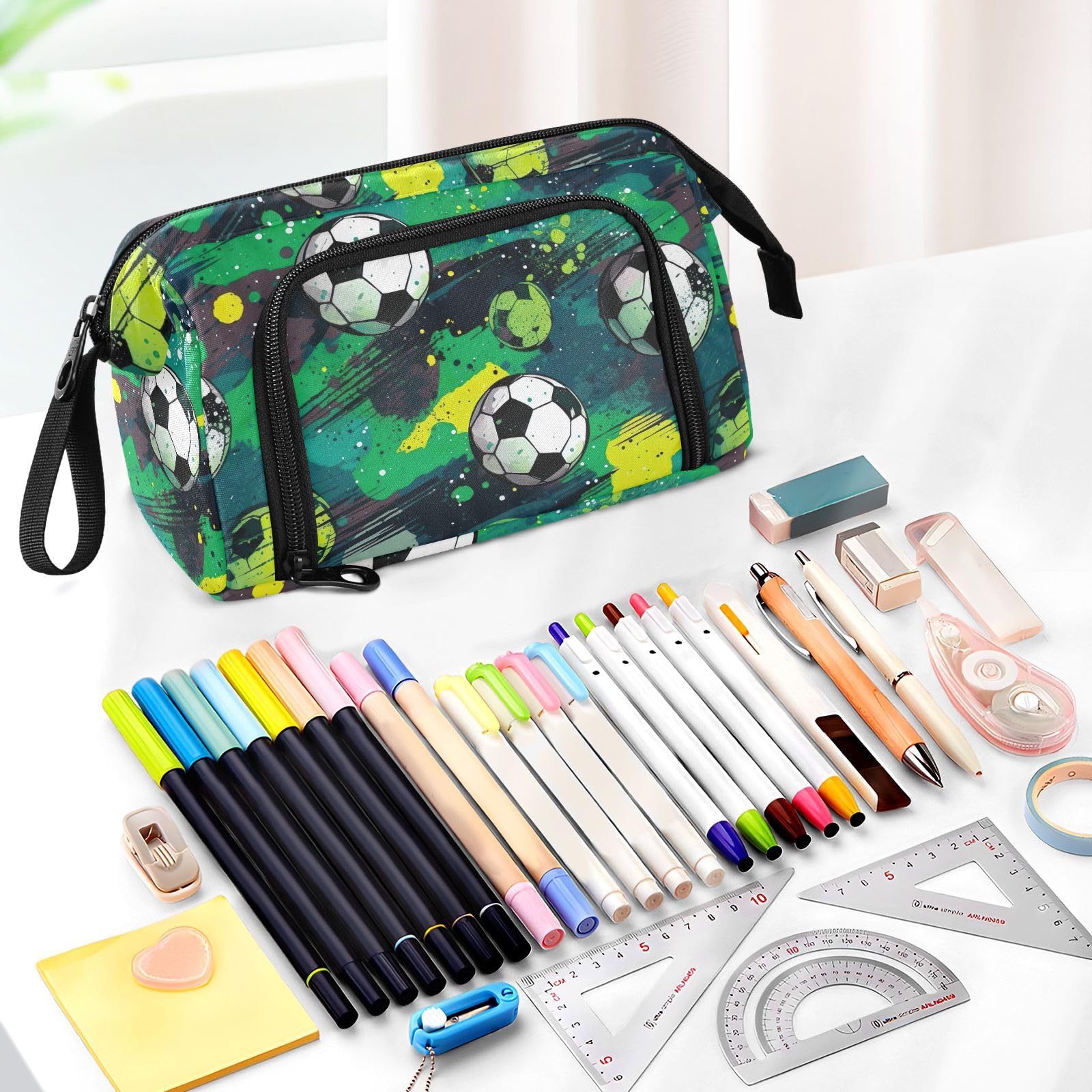 Premium Flying Soccer Ball Design Large Capacity Pencil Case - Portable Pen Organizer with Multiple Compartments for School, Office & Travel | Perfect for Teens, Girls, Boys & Adults | Back to School Supplies, College Essentials & Work Stationery Accessories