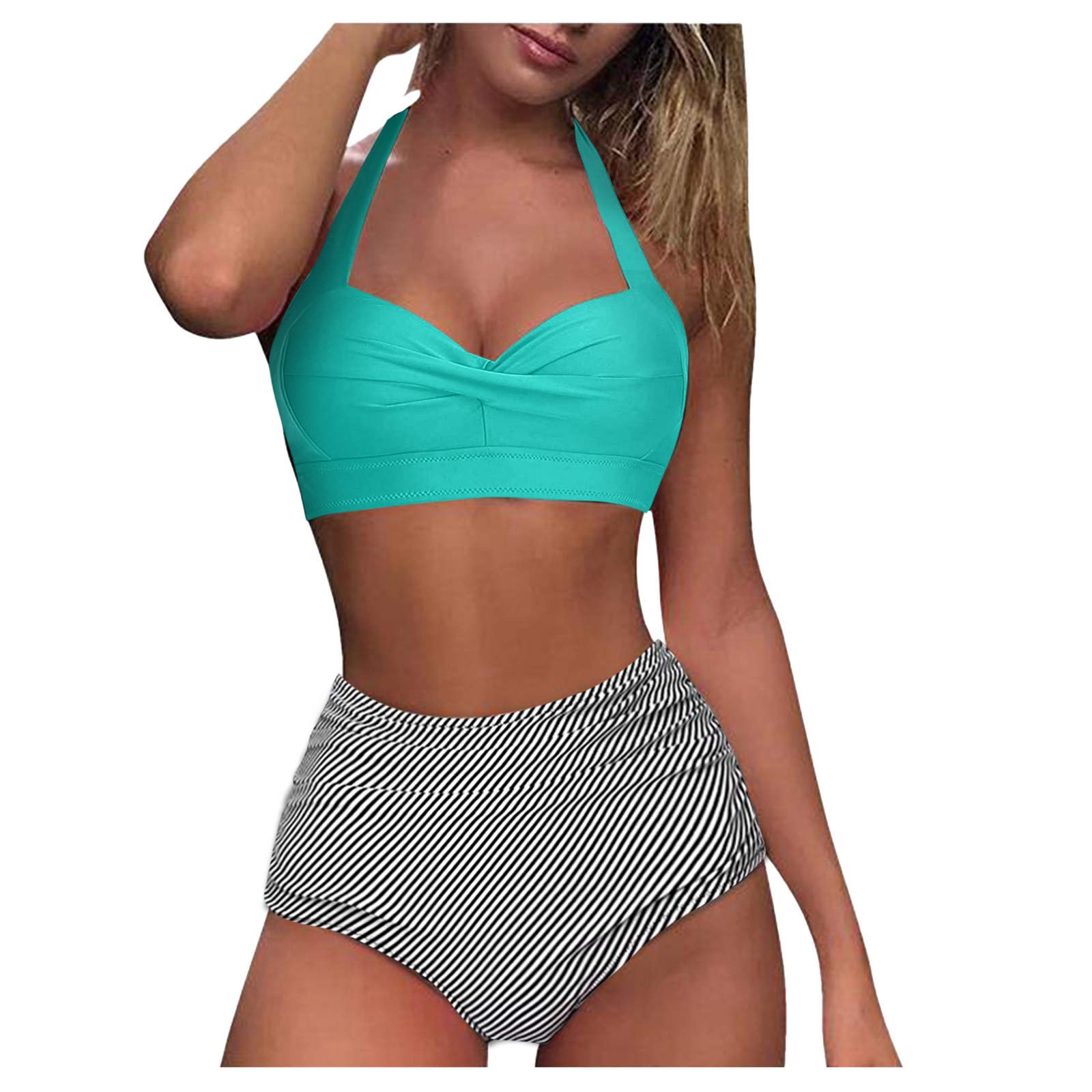 Vintage Women's Bikini Top & High Waist Swimsuit Set - Retro Halter Ruched Two Piece Printed Bikini for Beach, Pool Party & Summer Vacation
