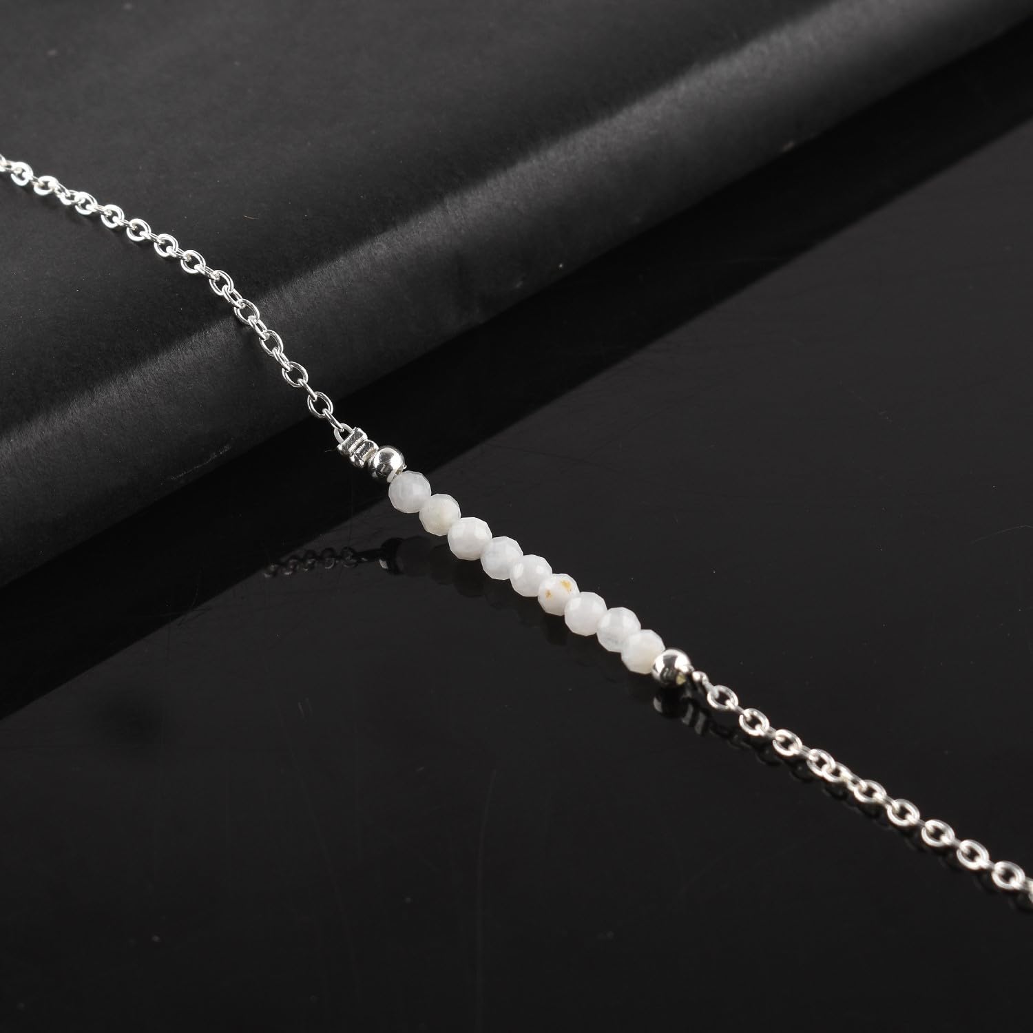 Natural White Moonstone Gemstone Beaded Anklet Bracelet - Handmade Silver Plated Adjustable Ankle Bracelet for Women | Spiritual Healing Jewelry, Mindfulness Gift for Yoga, Meditation & Boho Style