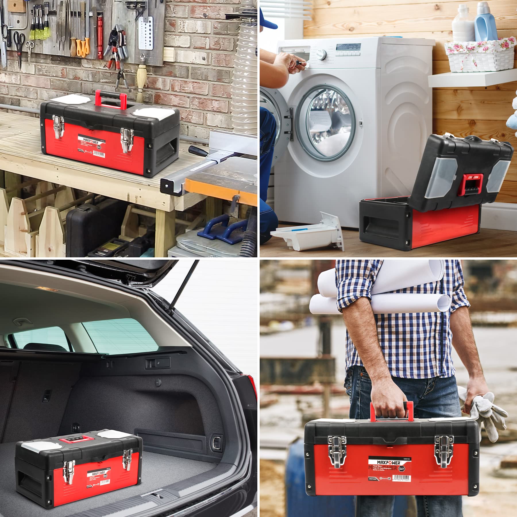 MAXPOWER 17-Inch Heavy Duty Tool Box with Adjustable Spud Wrenches Set - Professional Mechanic Tool Kit for Automotive Repair, Plumbing & Construction Work